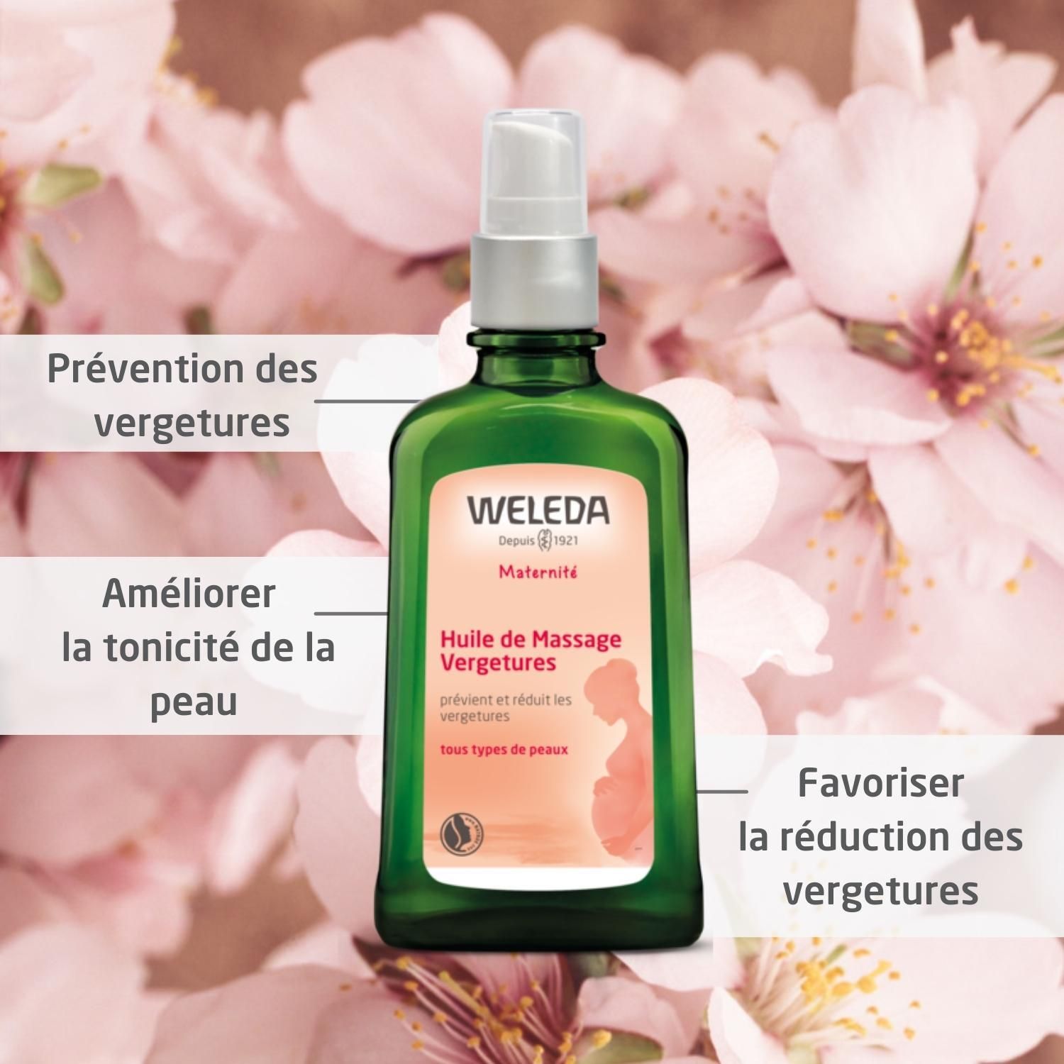 Flacon vert avec vaporisateur. WELEDA, Maternité, Huile de Massage Vergetures. Texte: Prévention, Améliorer, Favoriser. Fleurs en fond.