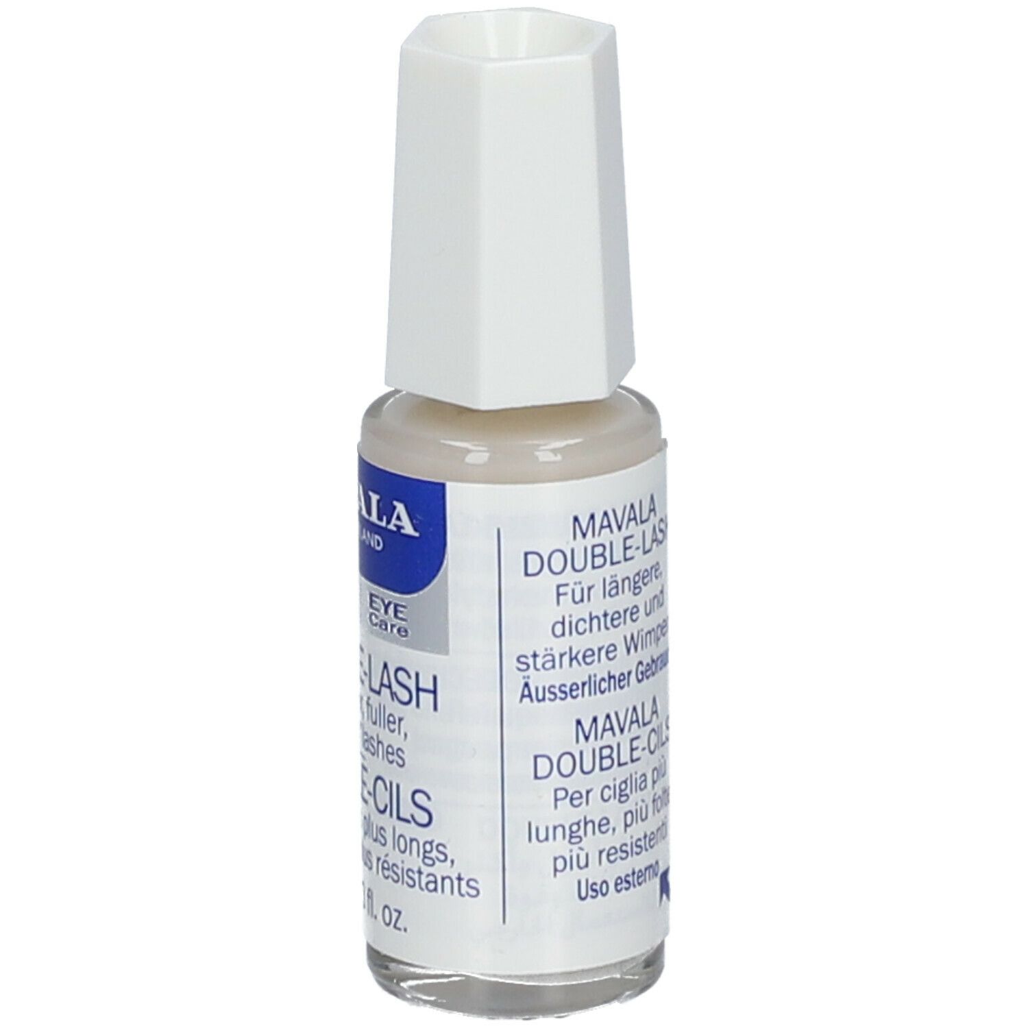 MAVALA Double-Lash. Flacon avec bouchon blanc. Texte: DOUBLE-CILS, 10 ml. Pour des cils plus longs, plus fournis, plus résistants. Dos avec texte.