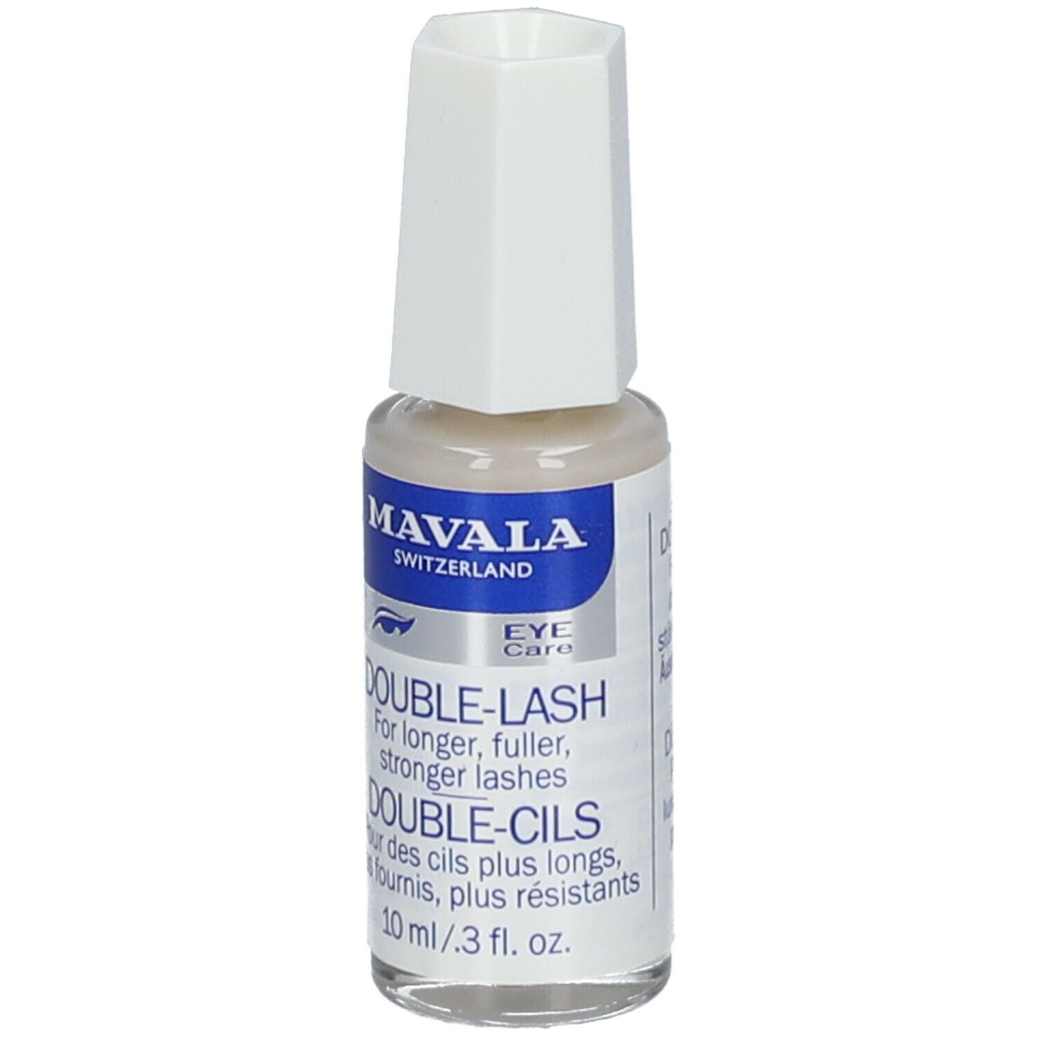 MAVALA Double-Lash. Flacon avec bouchon blanc. Texte: DOUBLE-CILS, 10 ml. Pour des cils plus longs, plus fournis, plus résistants.
