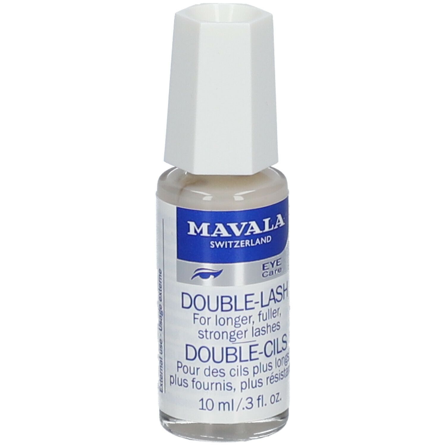 MAVALA Double-Lash. Flacon avec bouchon blanc. Texte: DOUBLE-CILS, 10 ml. Pour des cils plus longs, plus fournis, plus résistants.