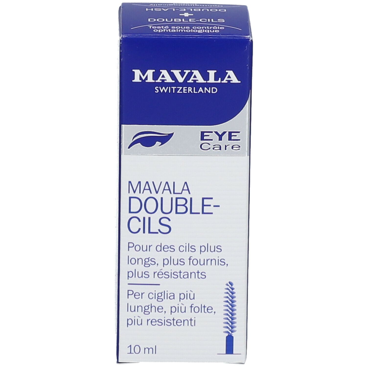 Emballage MAVALA Double-Lash. Boîte bleue. Texte: DOUBLE-CILS, 10 ml. Avec image du flacon.