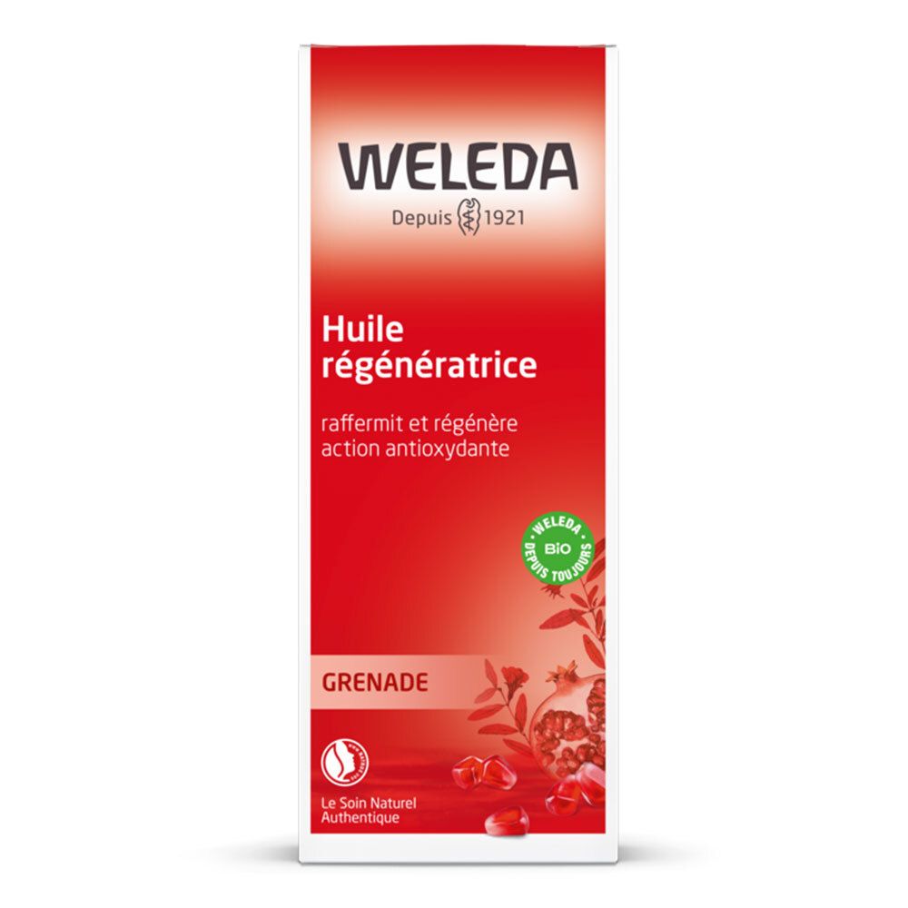 Emballage Weleda rouge, nom du produit et logo. Contient de l'huile de grenade. Certification bio.