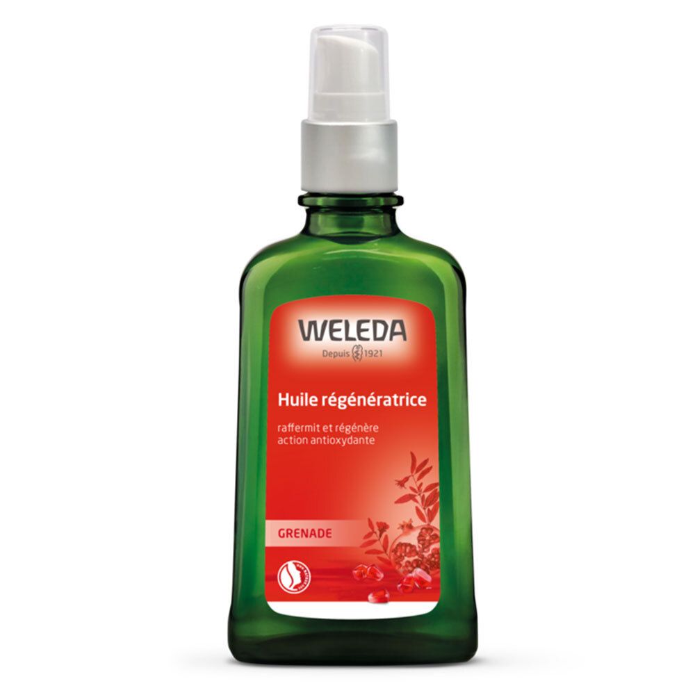 Flacon en verre vert avec vaporisateur. Étiquette rouge avec nom et logo du produit. Contient de l'huile de grenade.