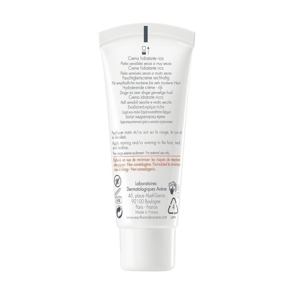 Rückseite der weißen Tube Avene Hydrance Rich. Text in mehreren Sprachen. Informationen zur Anwendung und Inhaltsstoffe.