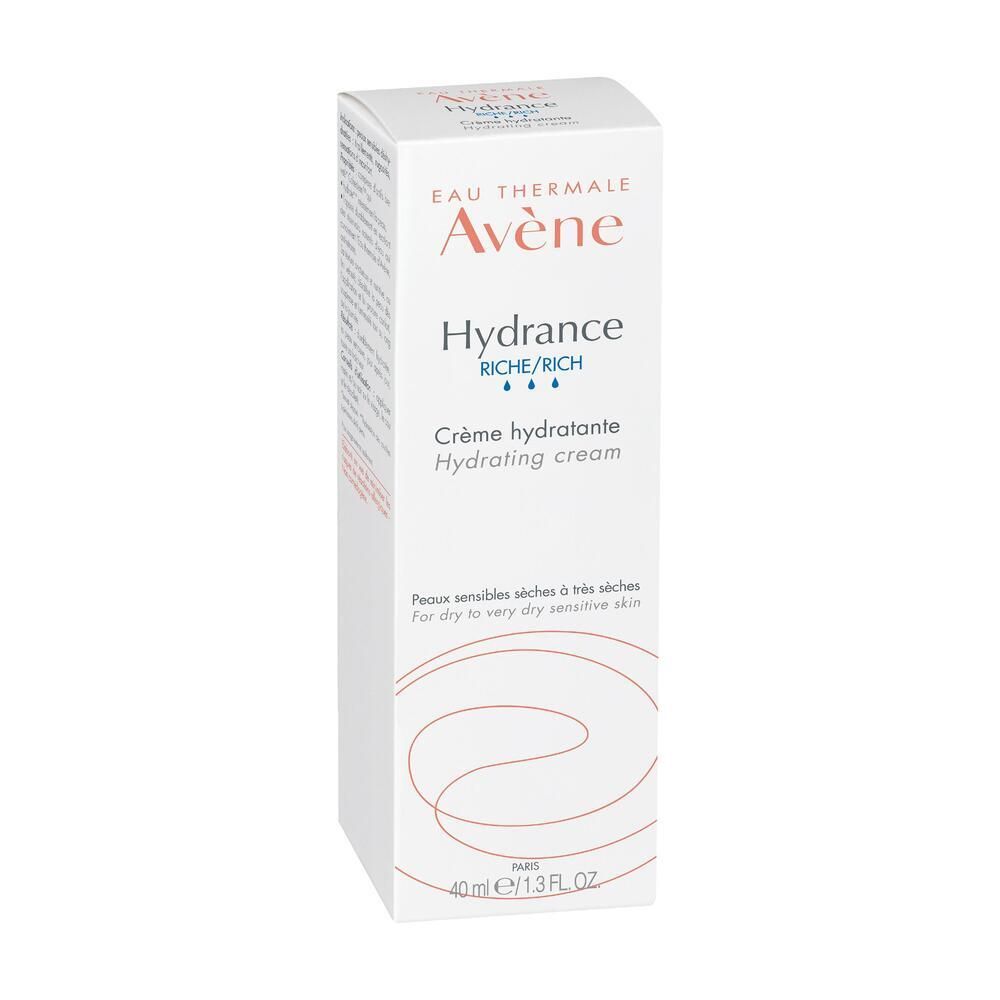 Weiße Schachtel mit Avene Hydrance Rich Creme. Text: Crème hydratante, für trockene bis sehr trockene Haut. 40 ml.