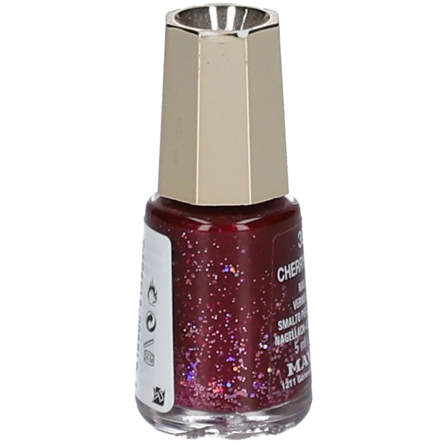 Flacon de vernis à ongles, Kirsche Cosmic 390. Vernis rouge pailleté. Bouchon doré. Autocollant avec informations et symboles.