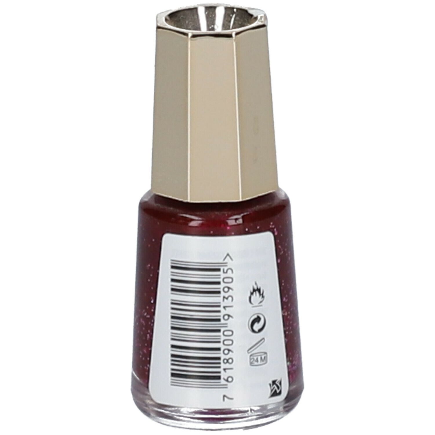 Flacon de vernis à ongles, Kirsche Cosmic 390. Vernis rouge pailleté. Bouchon doré. Code-barres et symboles au dos.