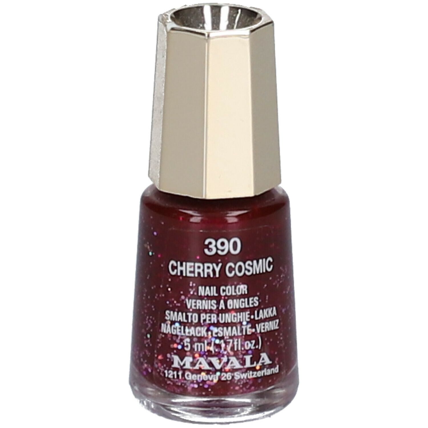 Flacon de vernis à ongles, Kirsche Cosmic 390. Vernis rouge pailleté. Bouchon doré. Inscription : Nail Color, Vernis à Ongles, Smalto per Unghie.
