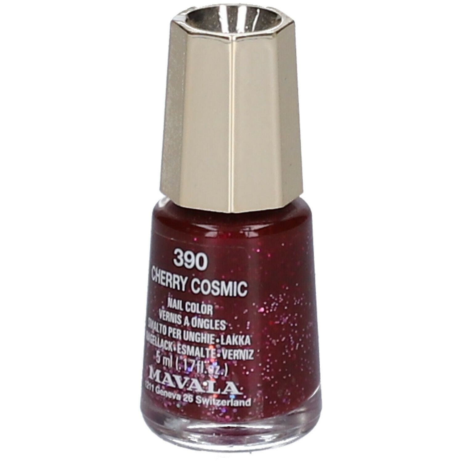 Flacon de vernis à ongles, Kirsche Cosmic 390. Vernis rouge pailleté. Bouchon doré. Inscription : Nail Color, Vernis à Ongles, Smalto per Unghie.