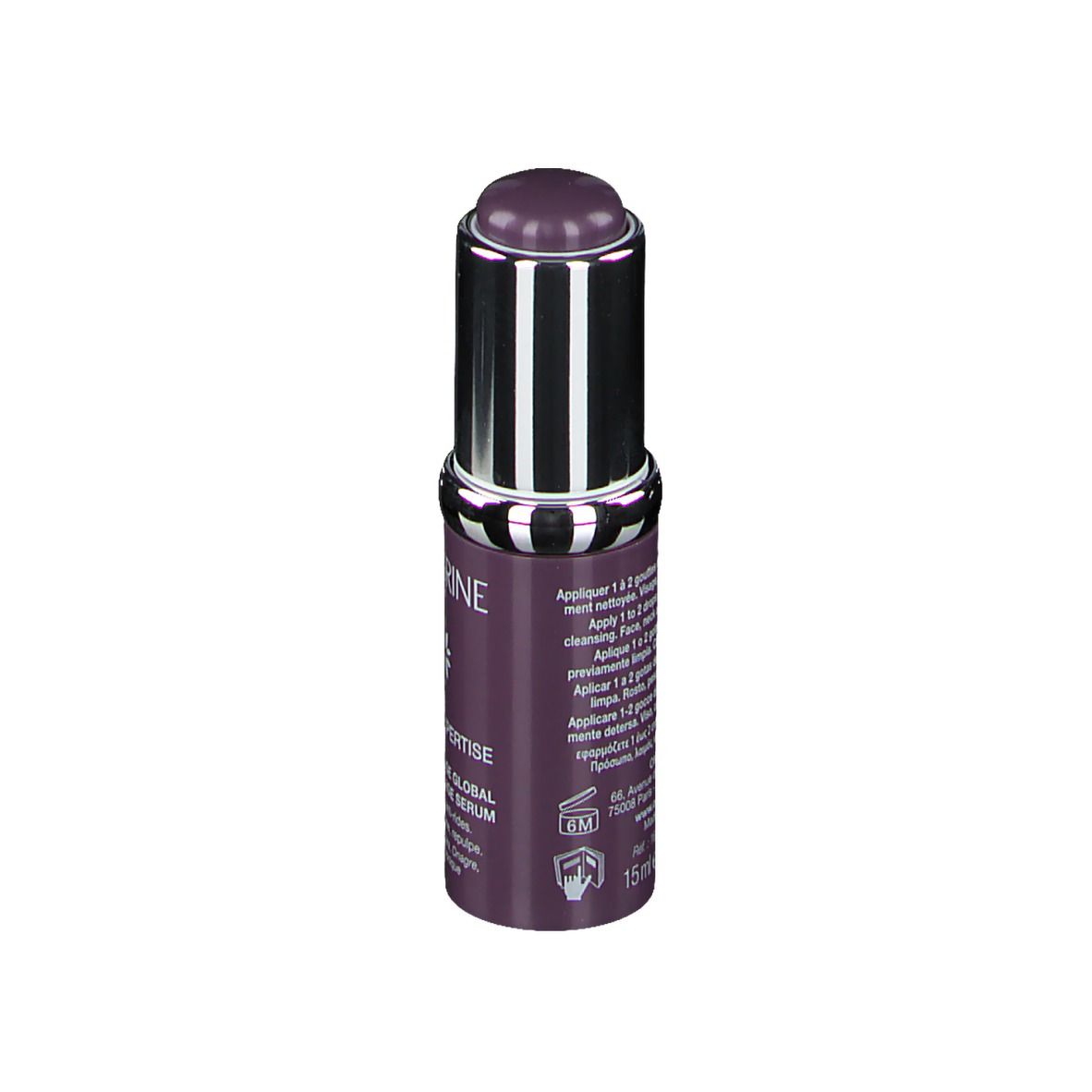 Serumflasche, violett, silberner Deckel. Rückseite mit Text und Symbolen. Aufschrift: Onagrine, 15 ml.