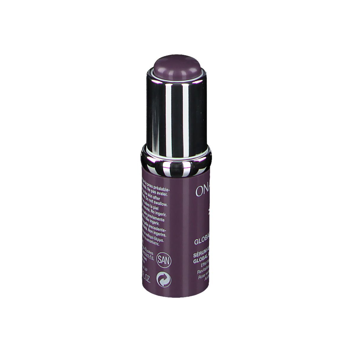 Serumflasche, violett, silberner Deckel. Rückseite mit Text und Symbolen. Aufschrift: Onagrine, 15 ml, SAN-Zeichen.