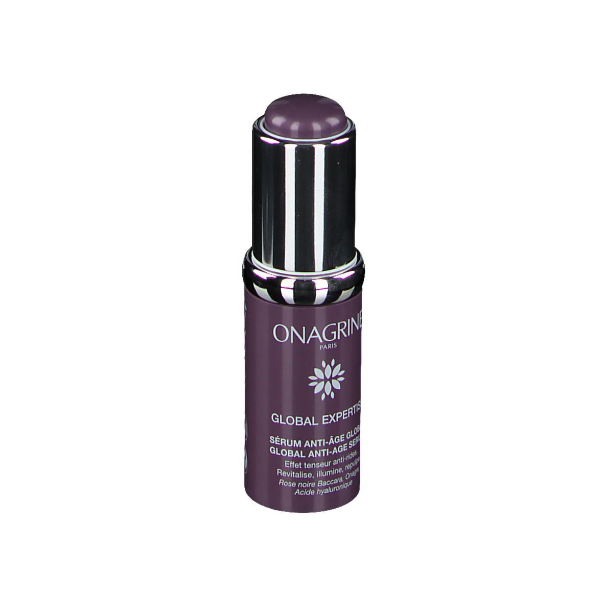Serumflasche, violett, silberner Deckel. Aufschrift: Onagrine, Global Expertise, Serum Anti-Âge Global.