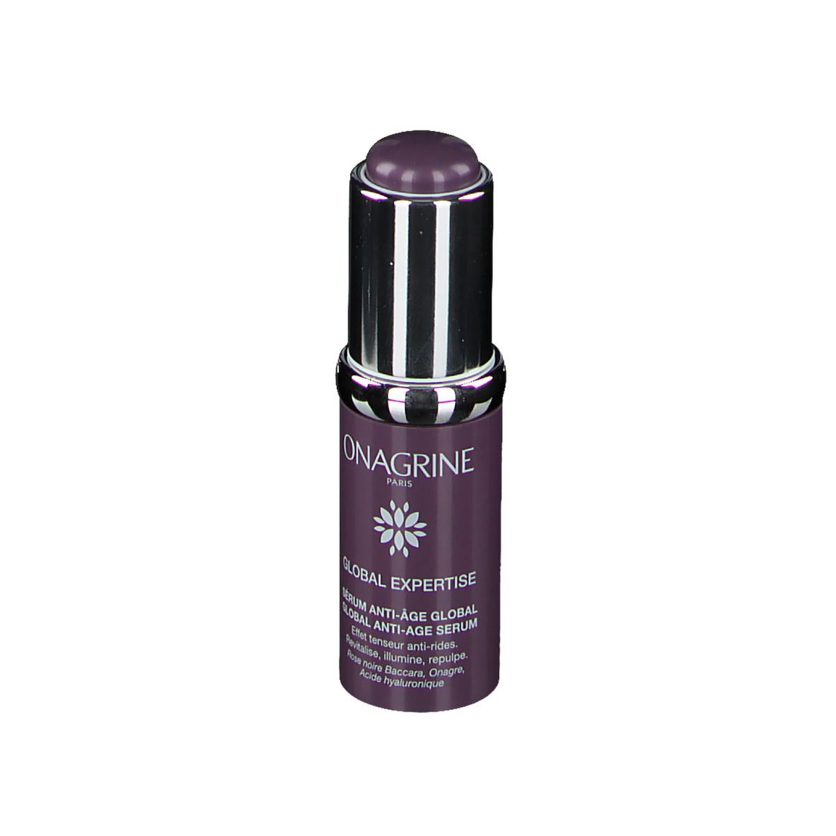 Serumflasche, violett, silberner Deckel. Aufschrift: Onagrine, Global Expertise, Serum Anti-Âge Global.
