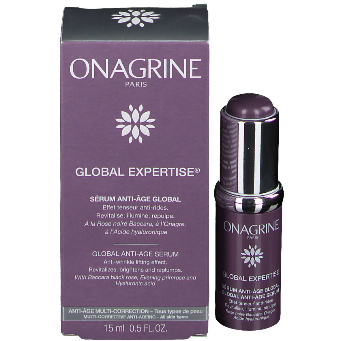 Produktverpackung, violett. Aufschrift: Onagrine, Global Expertise, Sérum Anti-Âge Global, 15 ml, 0.5 FL.OZ.
