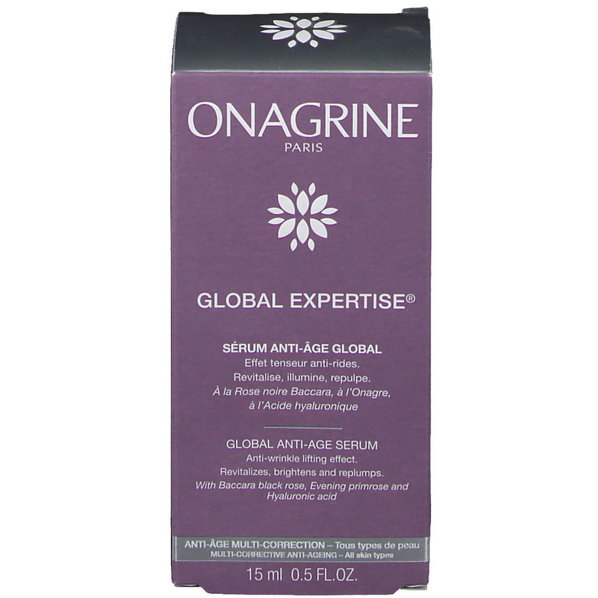 Produktverpackung, violett. Aufschrift: Onagrine, Global Expertise, Sérum Anti-Âge Global, 15 ml, 0.5 FL.OZ.
