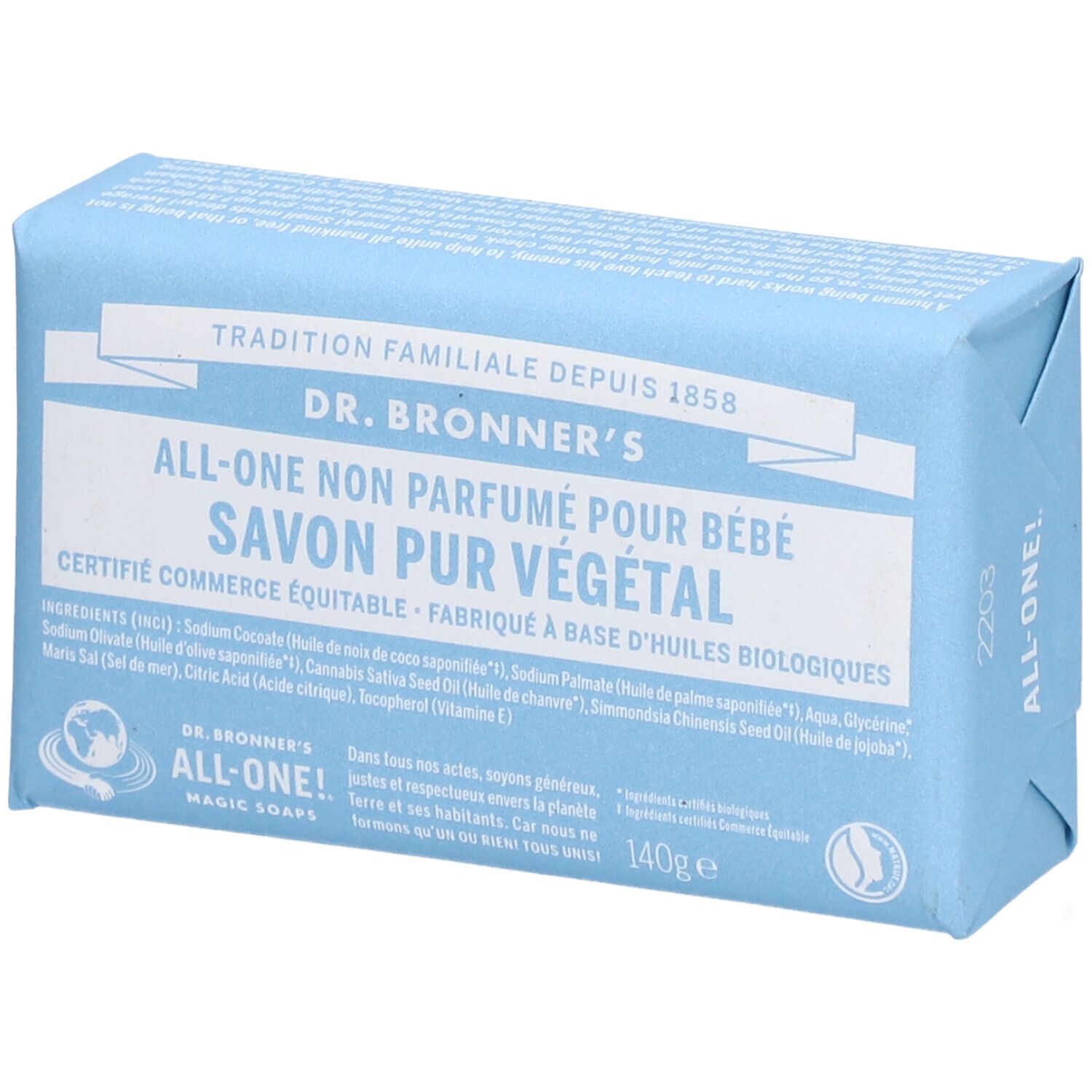 Savon emballé en bleu clair. Inscription : DR. BRONNER'S, ALL-ONE, Savon Pur Végétal. Label commerce équitable.