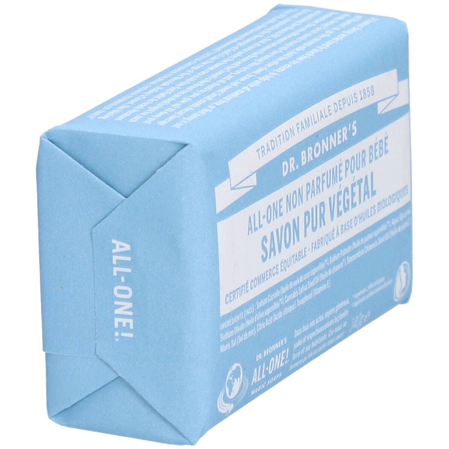 Savon emballé en bleu clair. Inscription : DR. BRONNER'S, ALL-ONE, Savon Pur Végétal. Emballage plié.