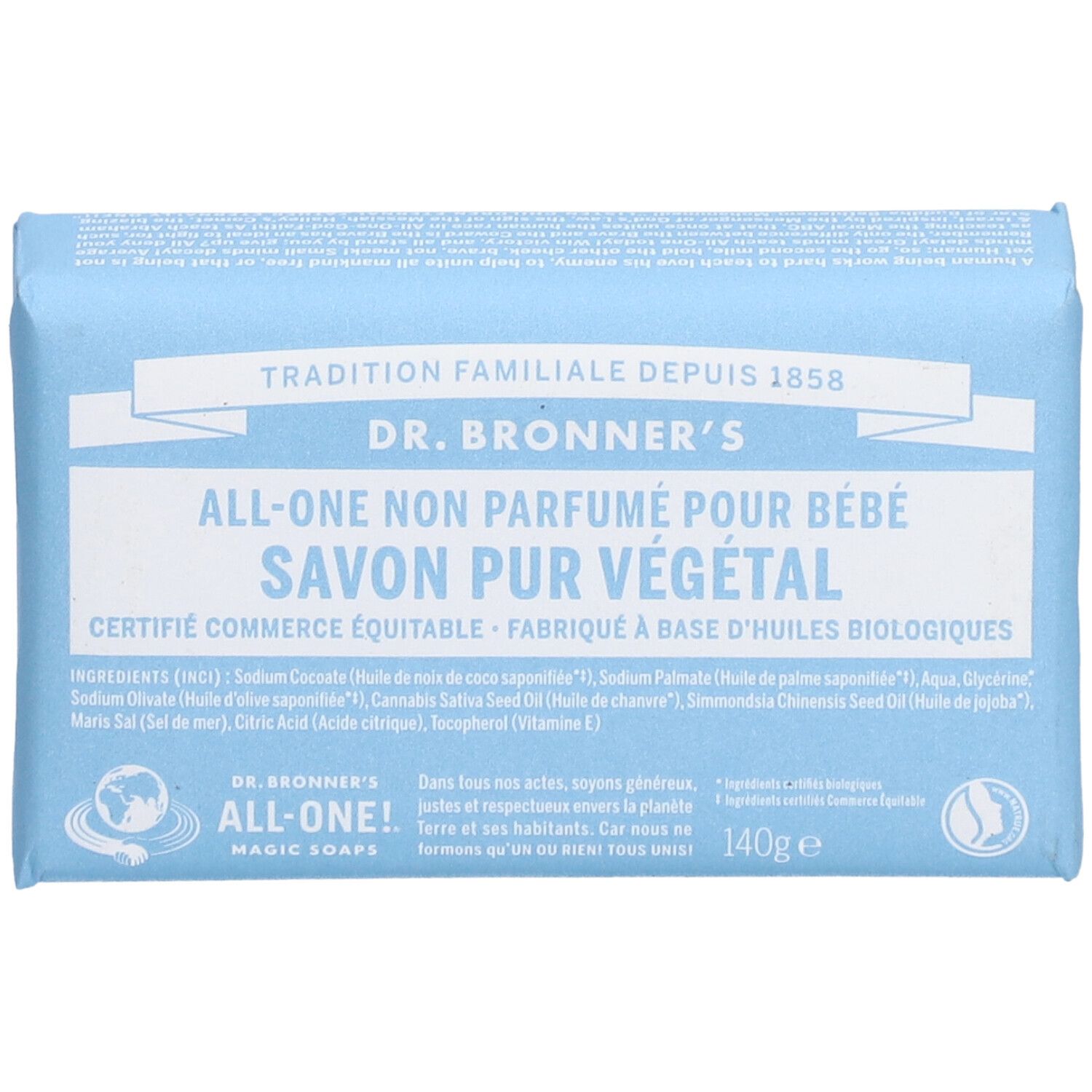 Savon emballé en bleu clair. Inscription : DR. BRONNER'S, ALL-ONE, Savon Pur Végétal. Label commerce équitable.