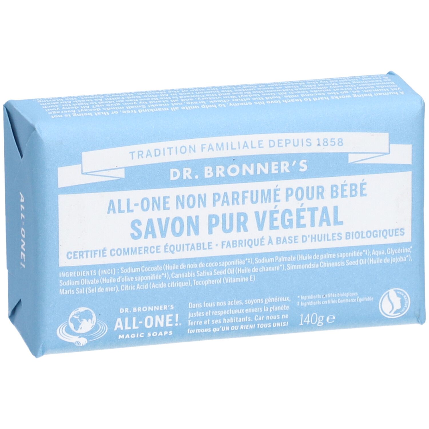 Savon emballé en bleu clair. Inscription : DR. BRONNER'S, ALL-ONE, Savon Pur Végétal. Label commerce équitable.