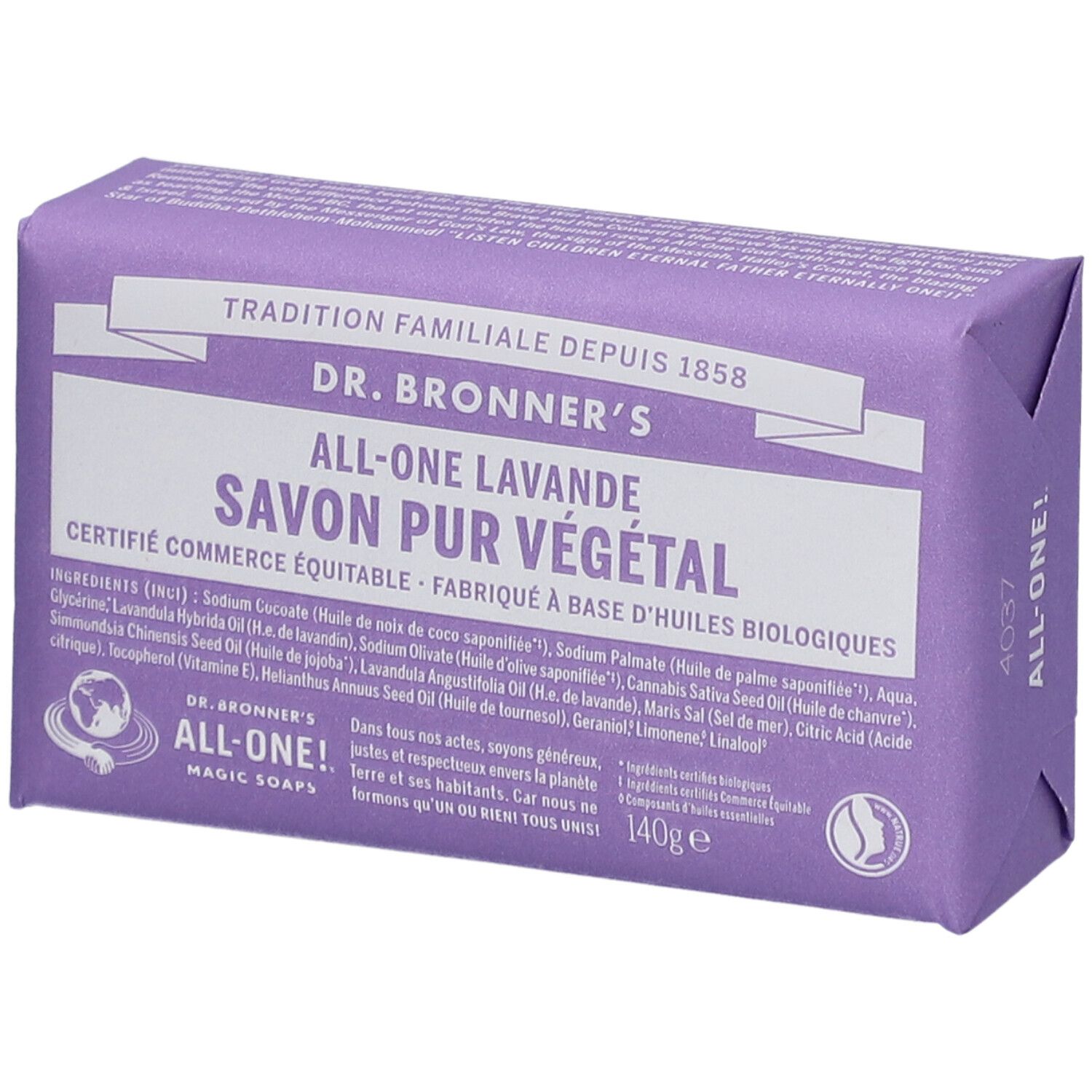 Savon violet emballé. Inscription: Dr. Bronner's All-One Lavande Savon Pur Végétal. Commerce équitable certifié.