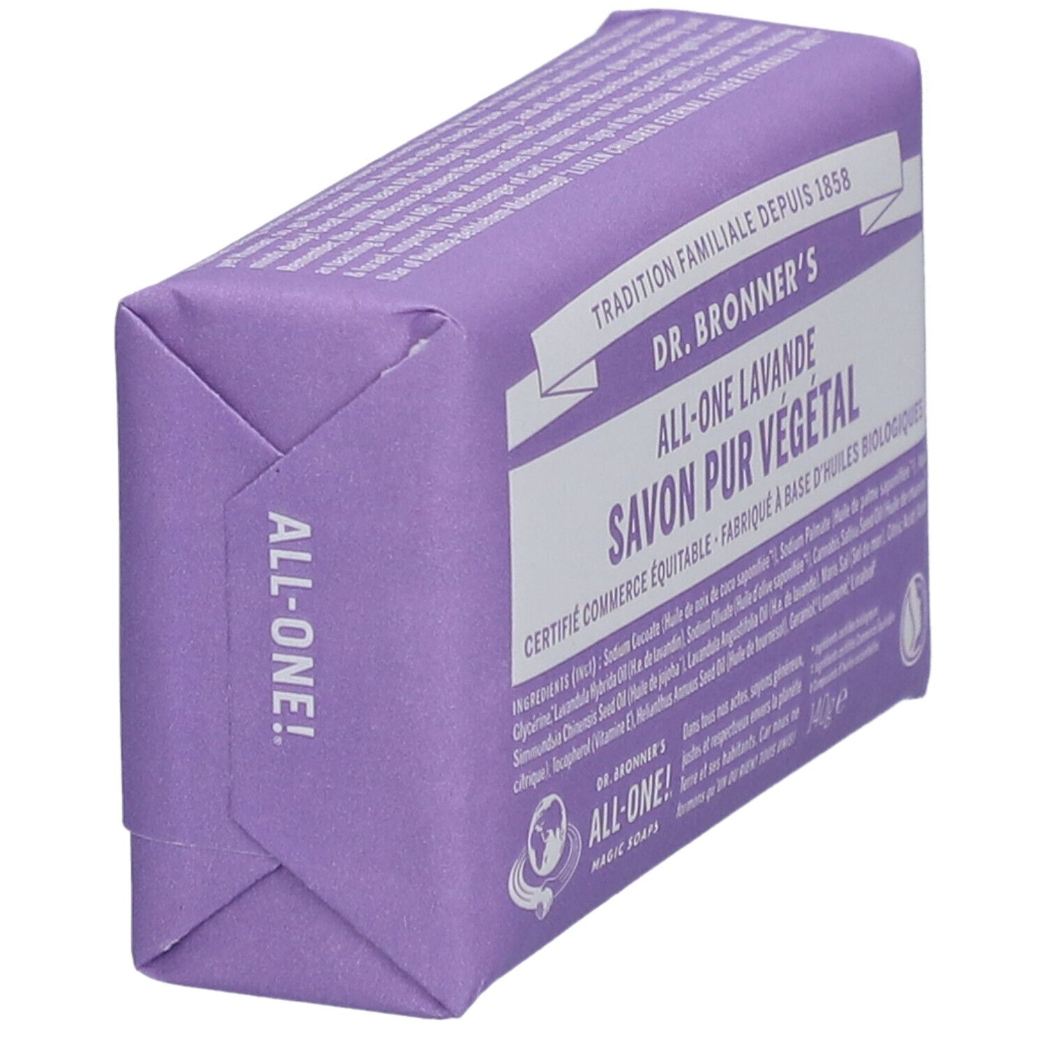 Savon violet emballé. Inscription: All-One! et Dr. Bronner's. Vue d'angle.