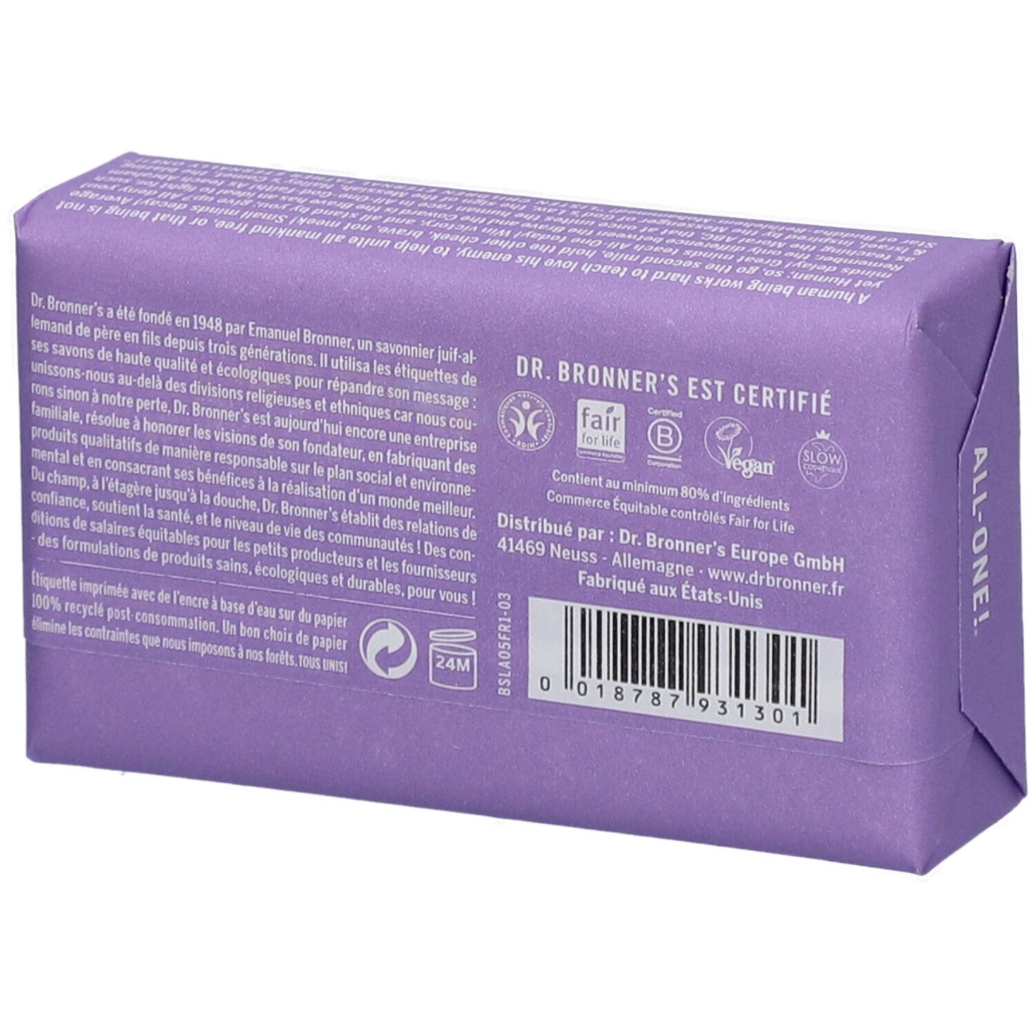 Dos du savon violet. Inscription: Dr. Bronner's est certifié. Logos commerce équitable, B Corp, Vegan, etc.