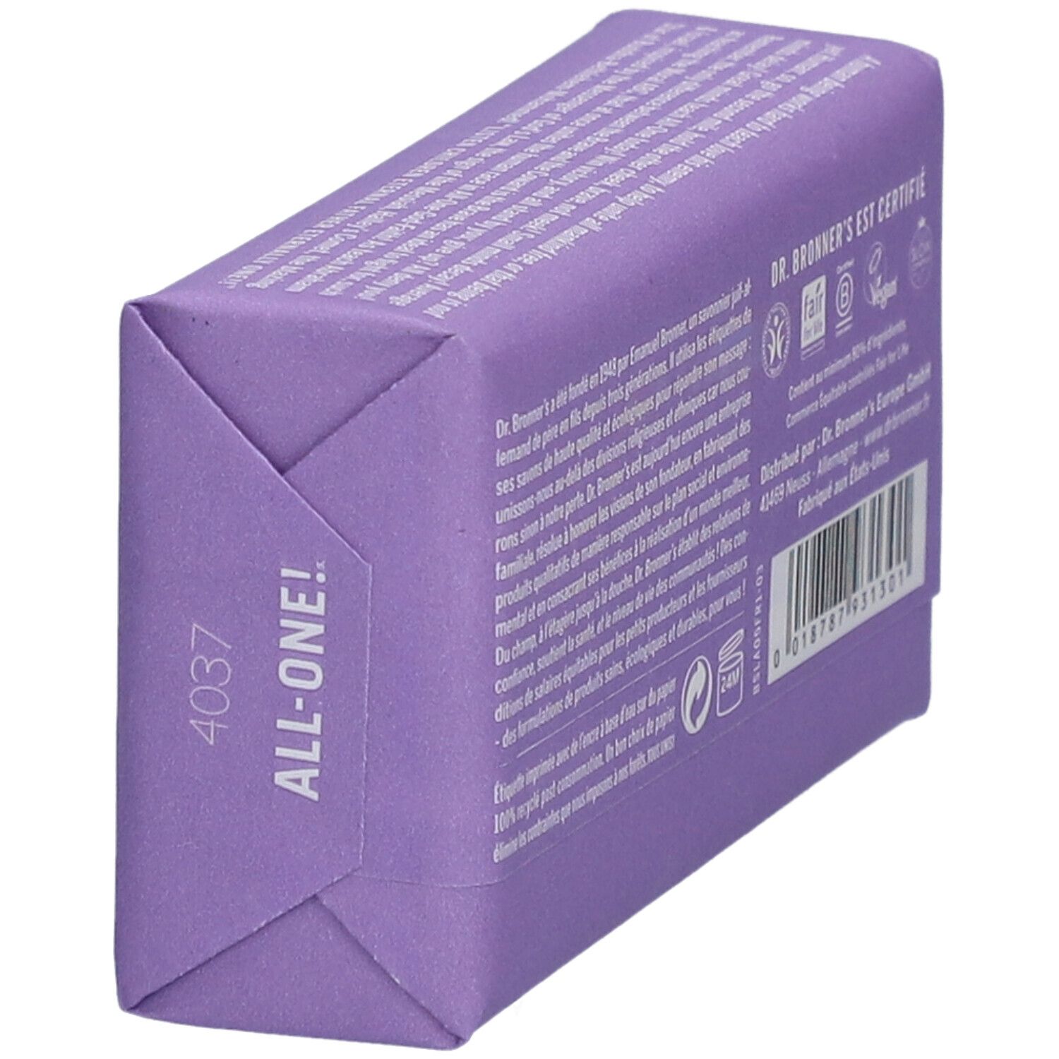 Dos du savon violet. Inscription: Dr. Bronner's est certifié. Vue d'angle.