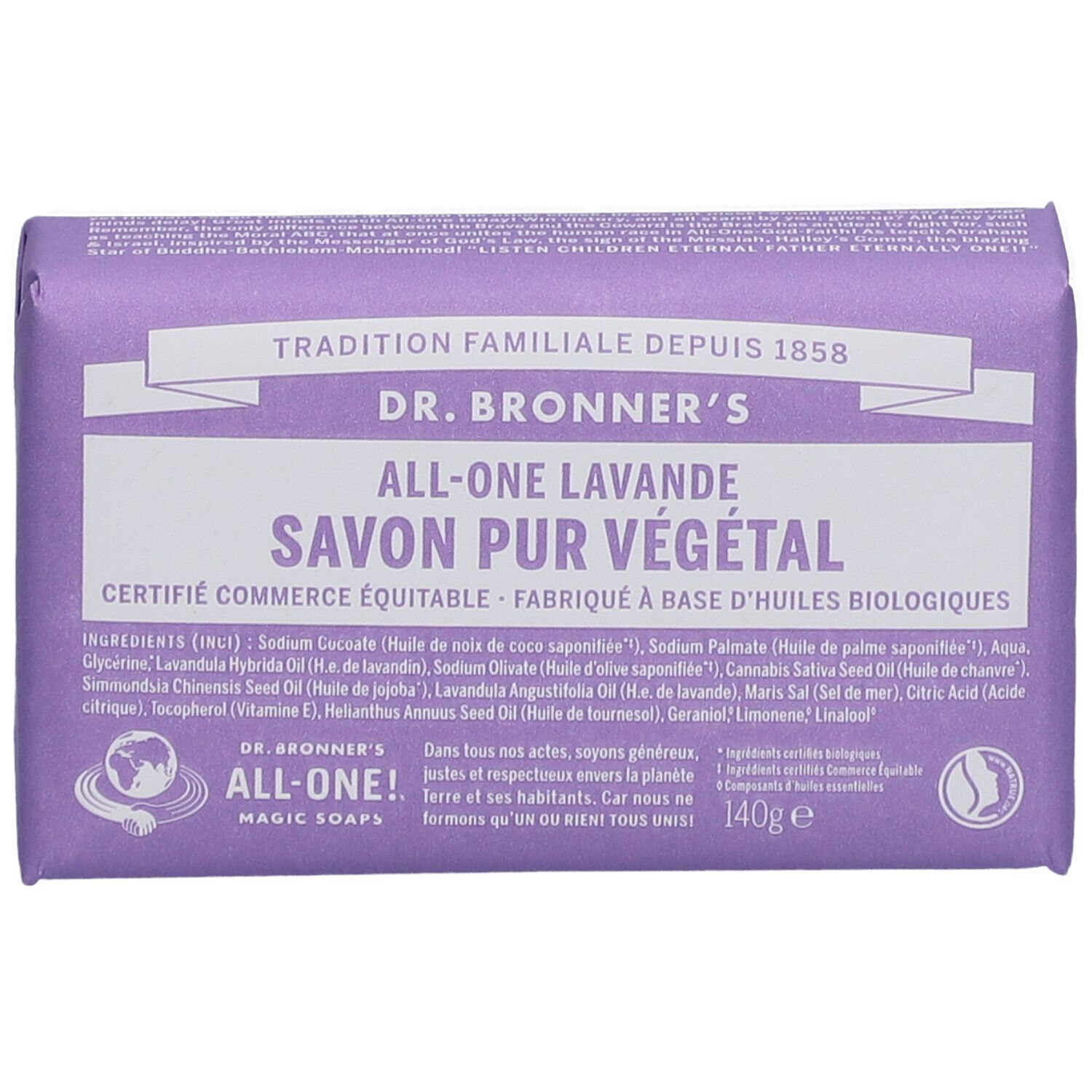 Savon violet emballé. Inscription: Dr. Bronner's All-One Lavande Savon Pur Végétal. Liste des ingrédients.