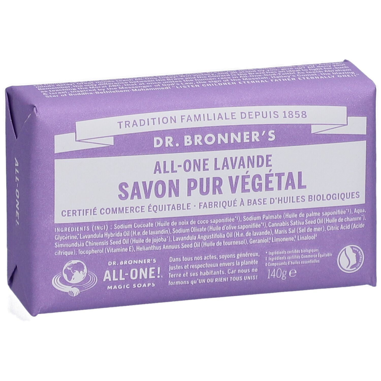 Savon violet emballé. Inscription: Dr. Bronner's All-One Lavande Savon Pur Végétal. 140g.