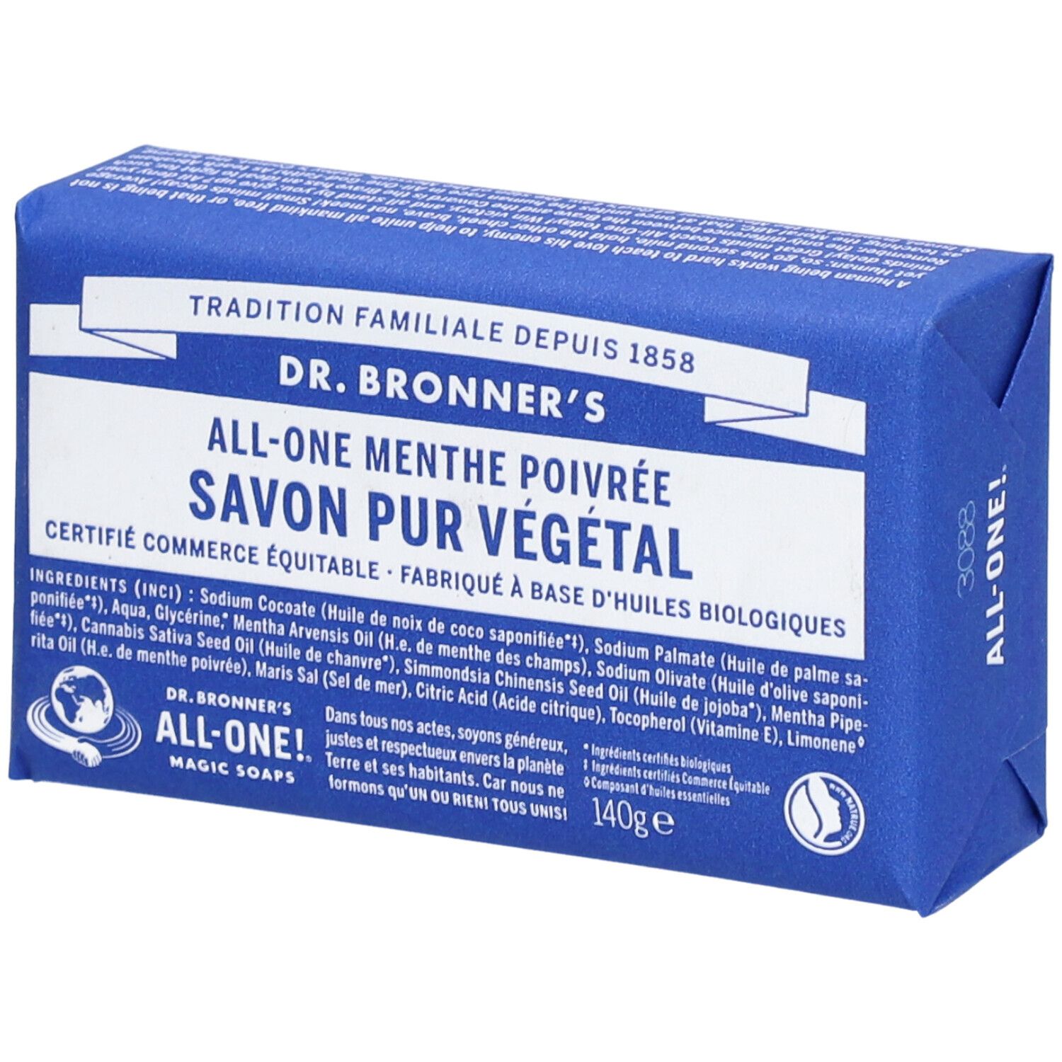 Savon emballé bleu. Inscription: DR. BRONNER'S ALL-ONE Menthe Poivrée Savon Pur Végétal. Produit certifié.