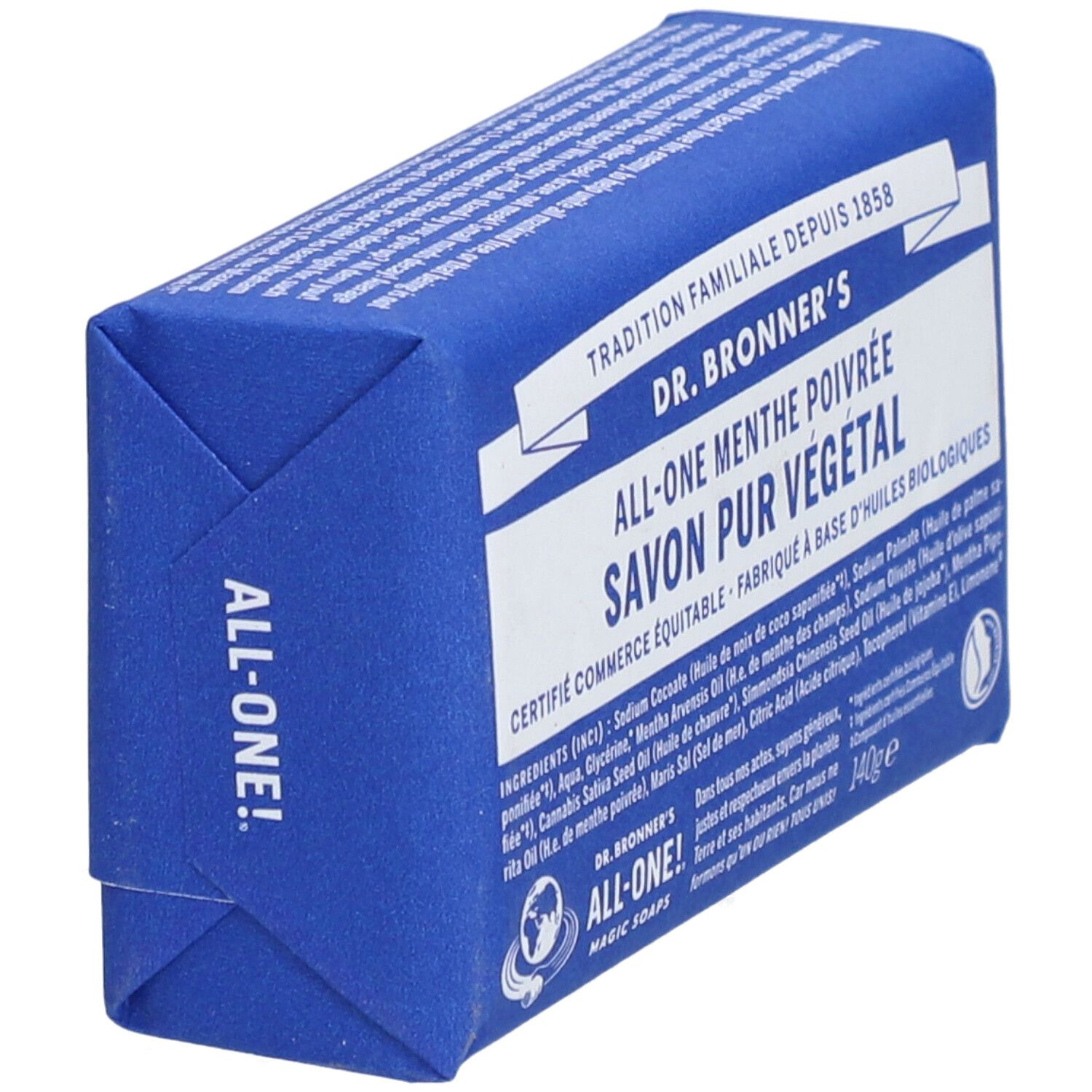 Savon emballé bleu. Inscription: DR. BRONNER'S ALL-ONE Menthe Poivrée Savon Pur Végétal. Produit certifié.