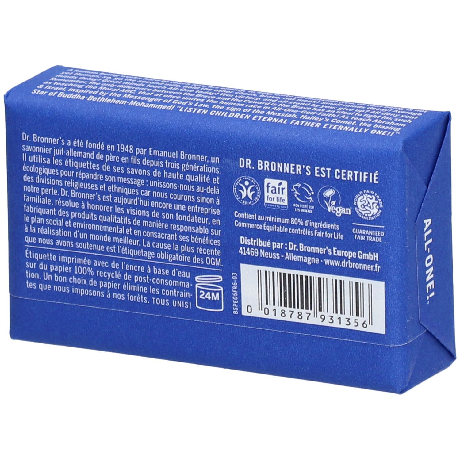 Savon emballé bleu. Inscription: DR. BRONNER'S. Dos avec texte et certifications. Code-barres et symbole 24M.