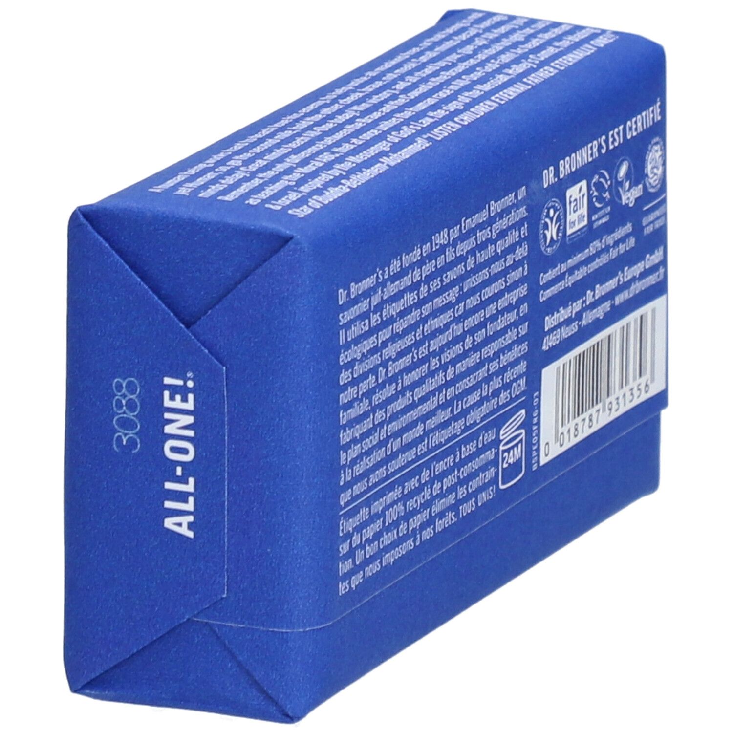 Savon emballé bleu. Inscription: DR. BRONNER'S. Dos avec texte et certifications. Code-barres et symbole 24M.