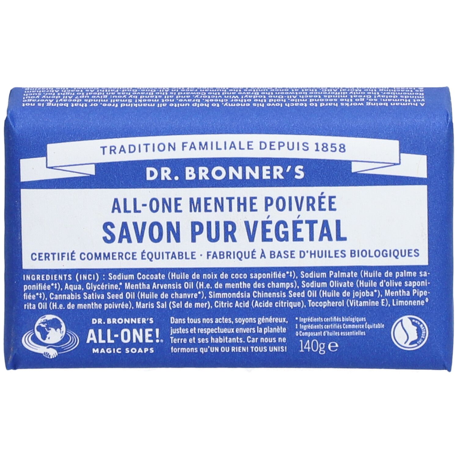 Savon emballé bleu. Inscription: DR. BRONNER'S ALL-ONE Menthe Poivrée Savon Pur Végétal. Produit certifié.