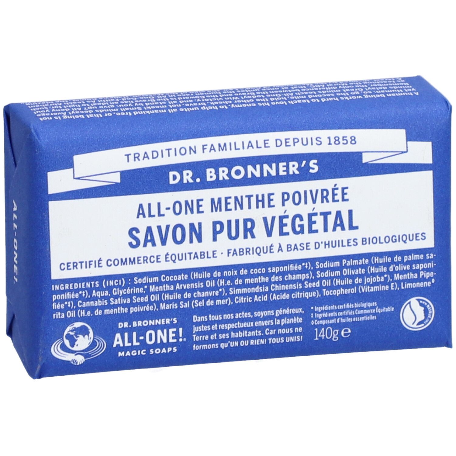 Savon emballé bleu. Inscription: DR. BRONNER'S ALL-ONE Menthe Poivrée Savon Pur Végétal. Produit certifié.