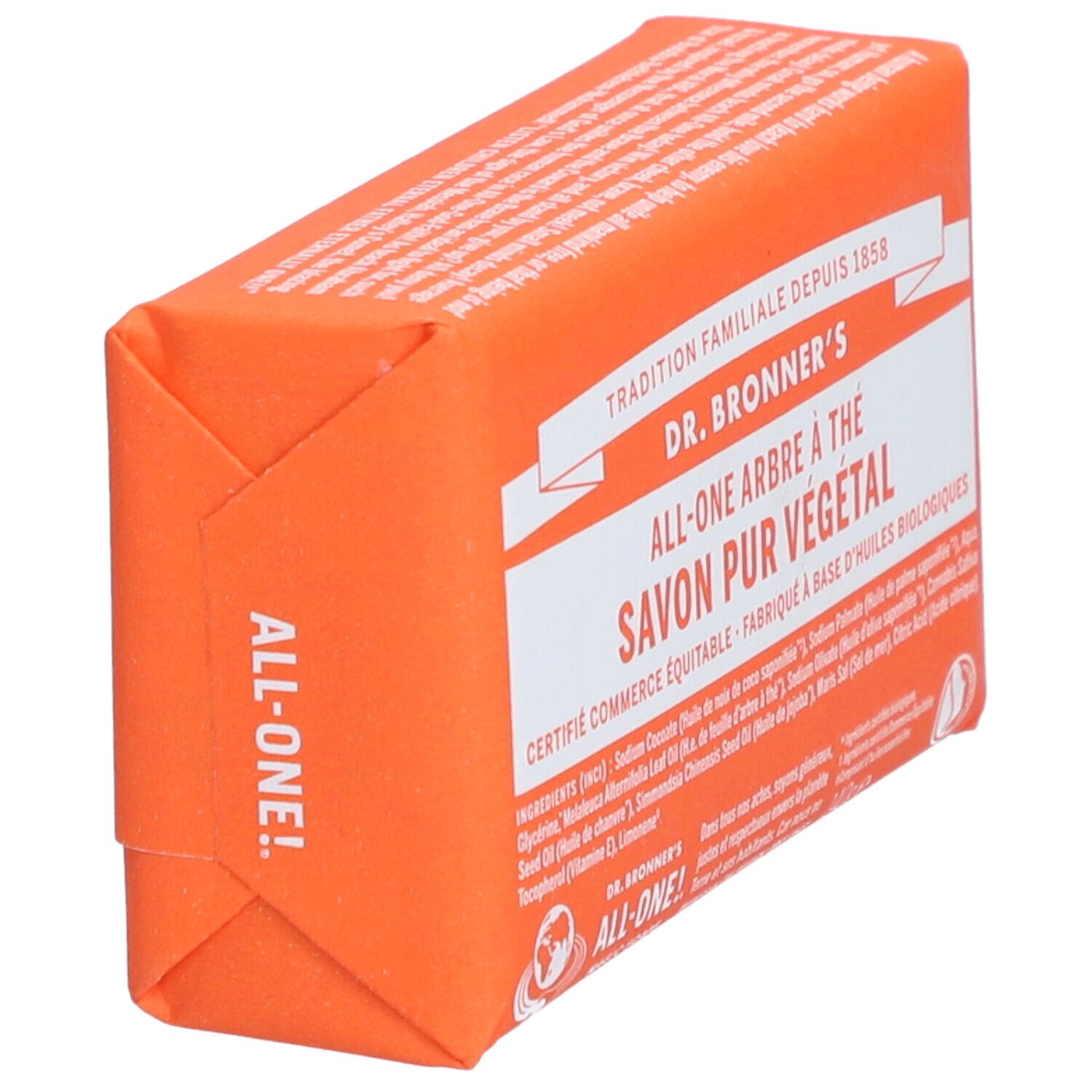 Savon orange emballé. Inscriptions: DR. BRONNER'S, ALL-ONE ARBRE À THÉ SAVON PUR VÉGÉTAL. Vue latérale.