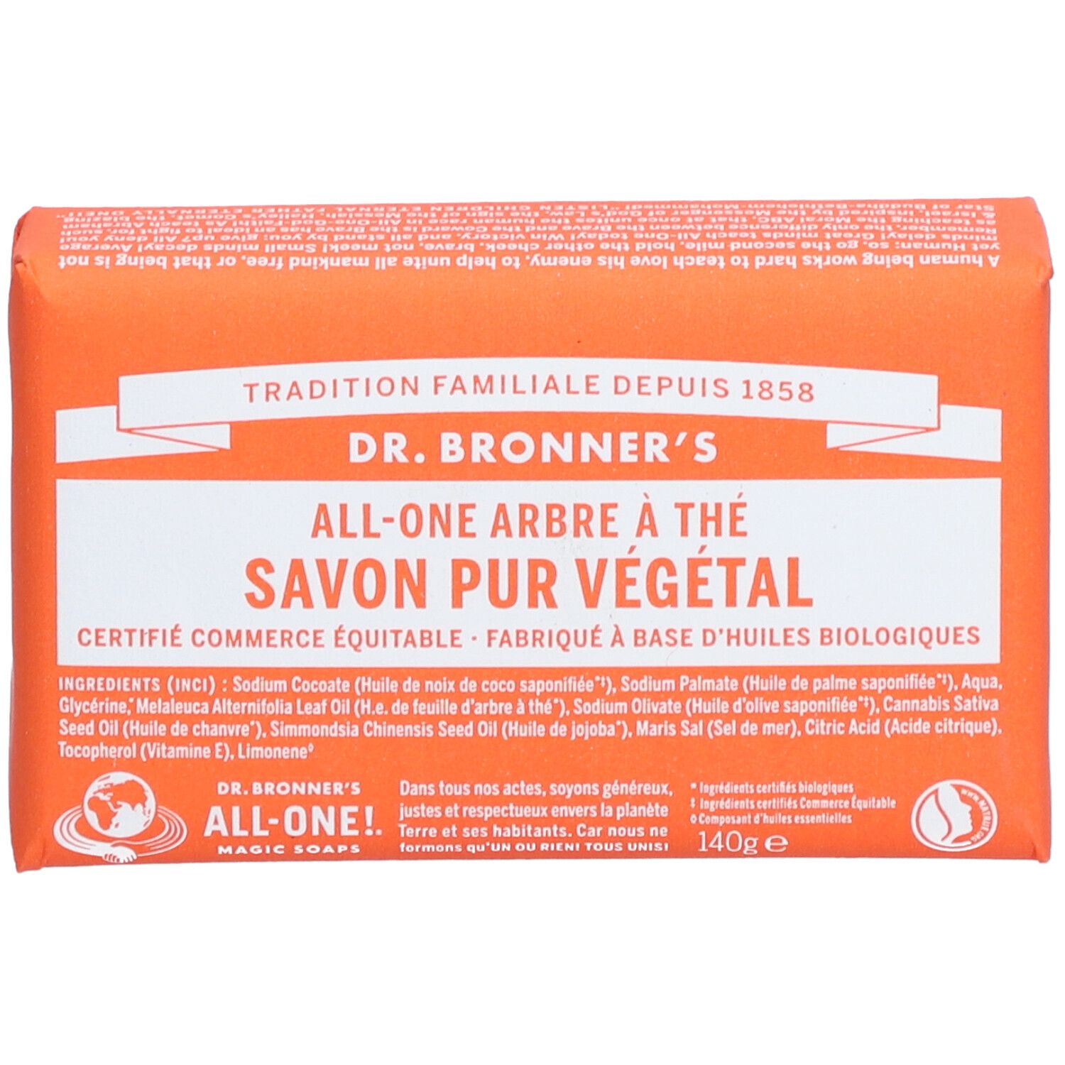 Savon orange emballé. Inscriptions: DR. BRONNER'S, ALL-ONE ARBRE À THÉ SAVON PUR VÉGÉTAL. Commerce équitable.