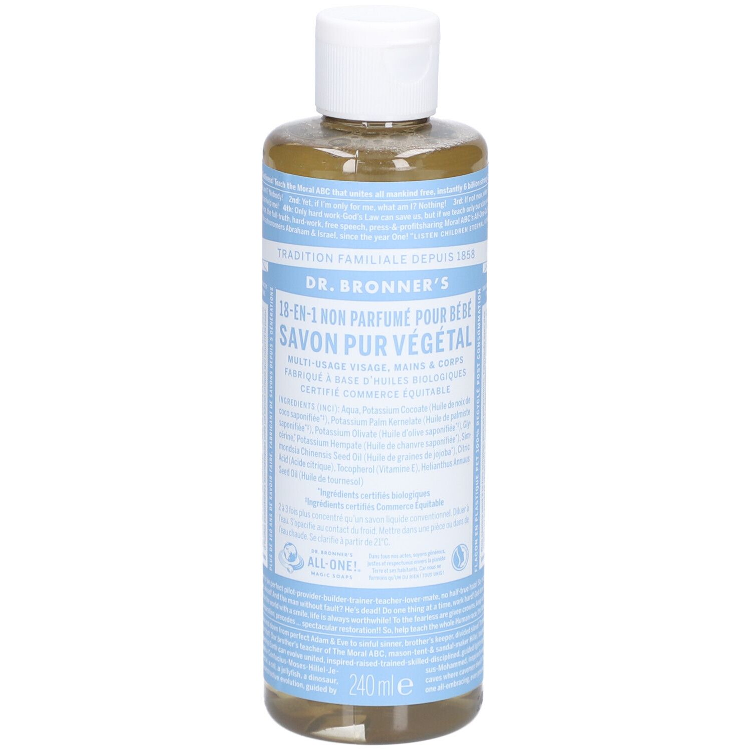 Flacon de savon liquide transparent avec bouchon blanc. Inscription: DR. BRONNER'S, 18-en-1 Non Parfumé pour Bébé, Savon Pur Végétal.