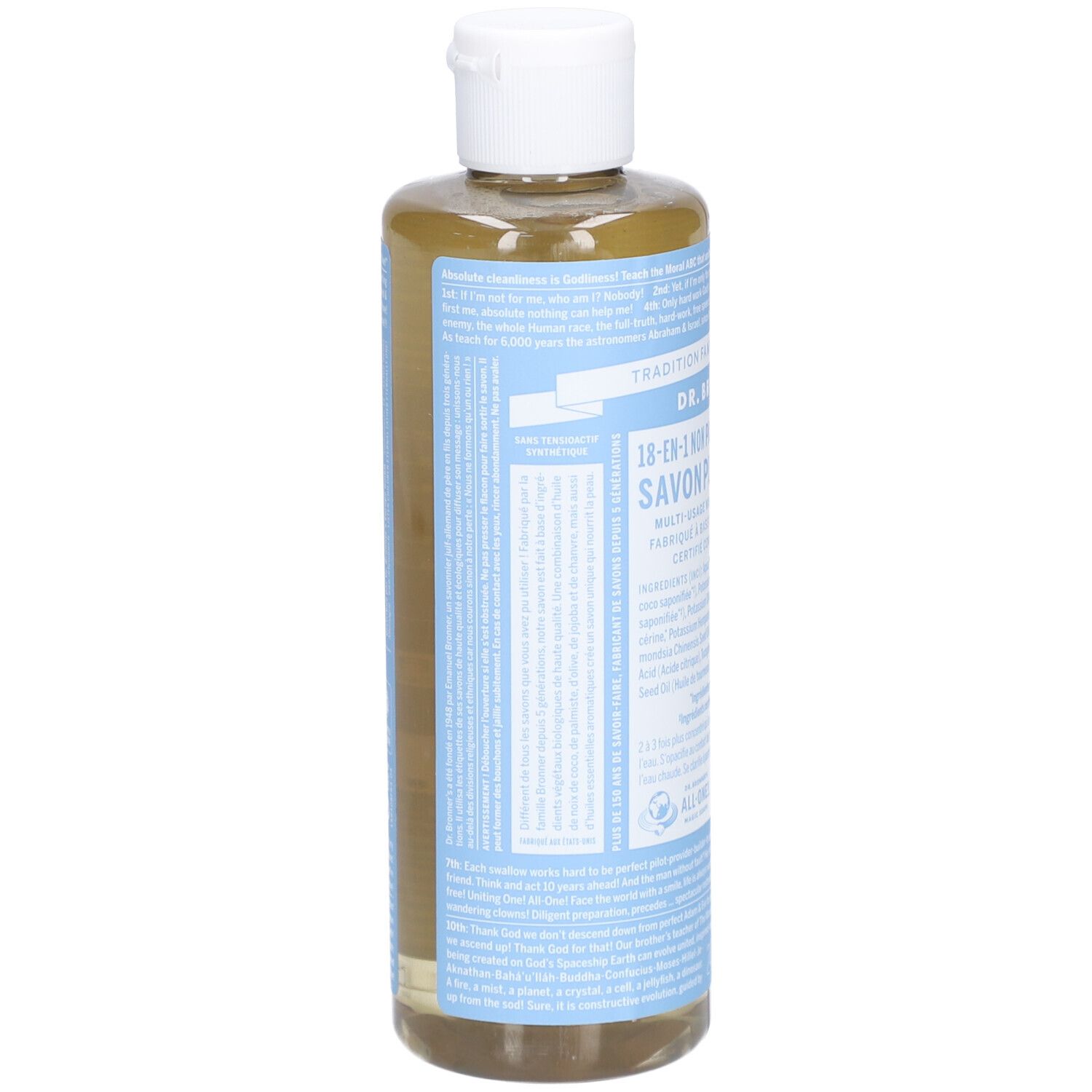 Dos d'une bouteille de savon liquide transparent avec bouchon blanc. Texte sur une étiquette bleue.