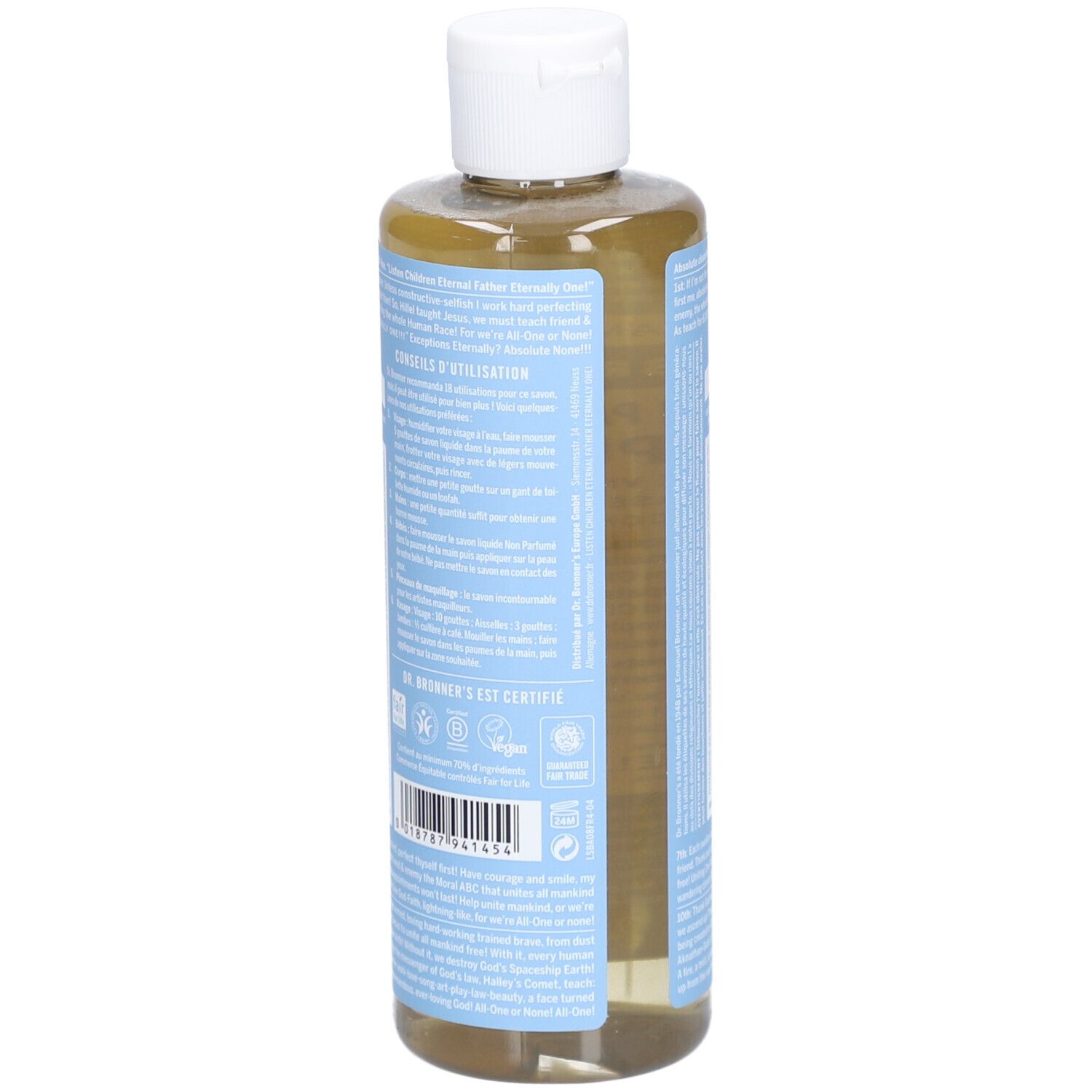 Dos d'une bouteille de savon liquide transparent avec bouchon blanc. Texte sur étiquette bleue, code QR et logos.