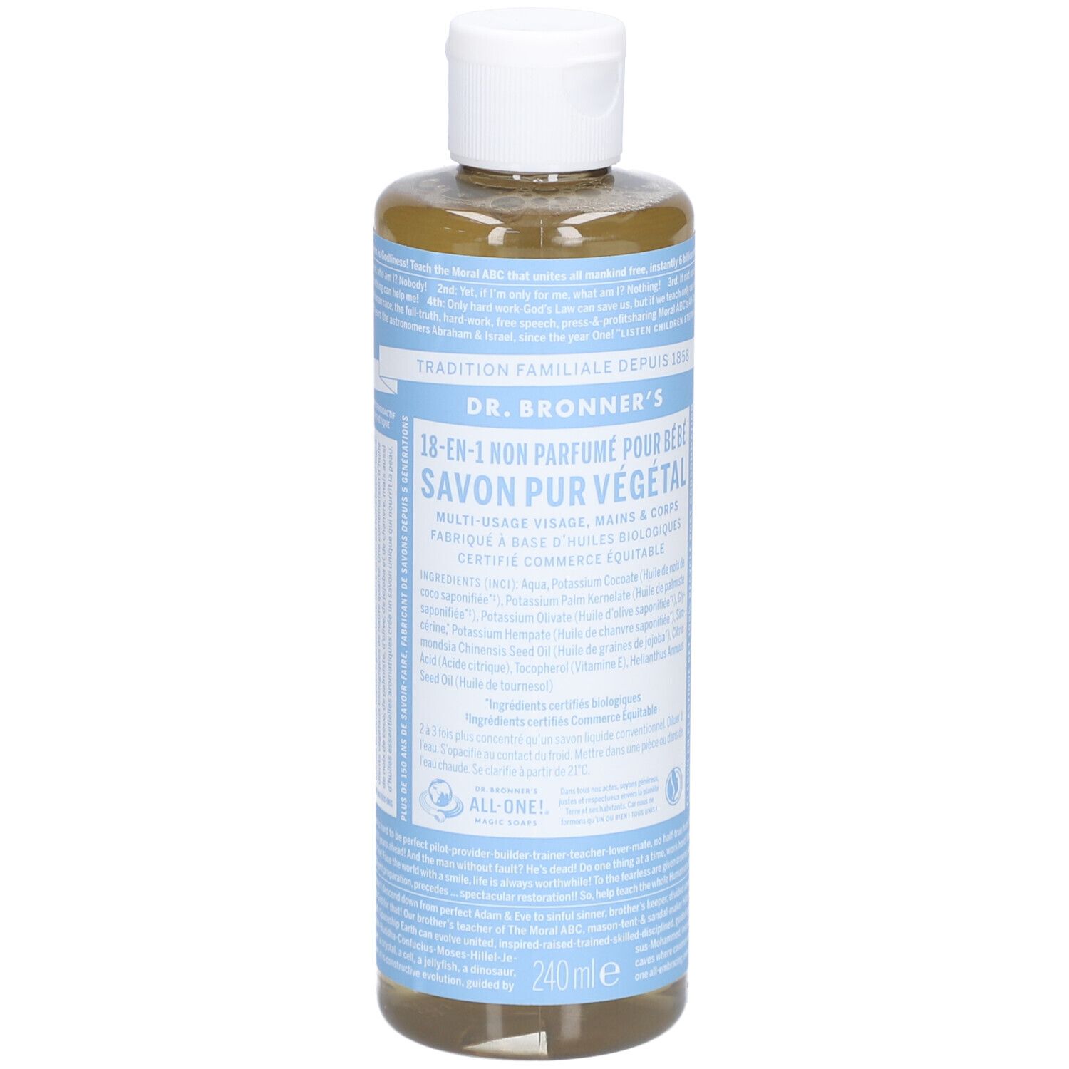 Flacon de savon liquide transparent avec bouchon blanc. Inscription: DR. BRONNER'S, 18-en-1 Non Parfumé pour Bébé, Savon Pur Végétal.