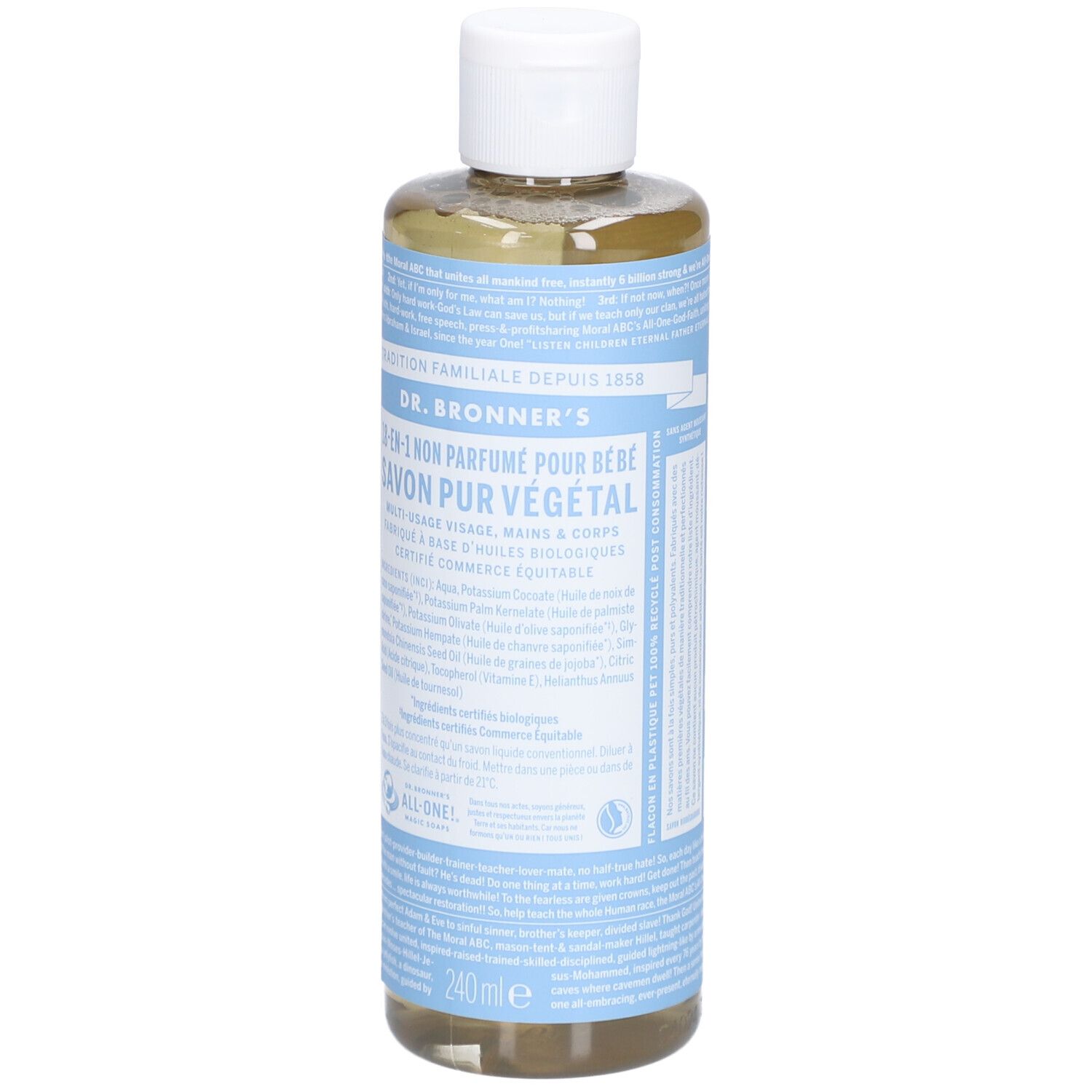 Dos d'une bouteille de savon liquide transparent avec bouchon blanc. Texte sur étiquette bleue, indication de volume.