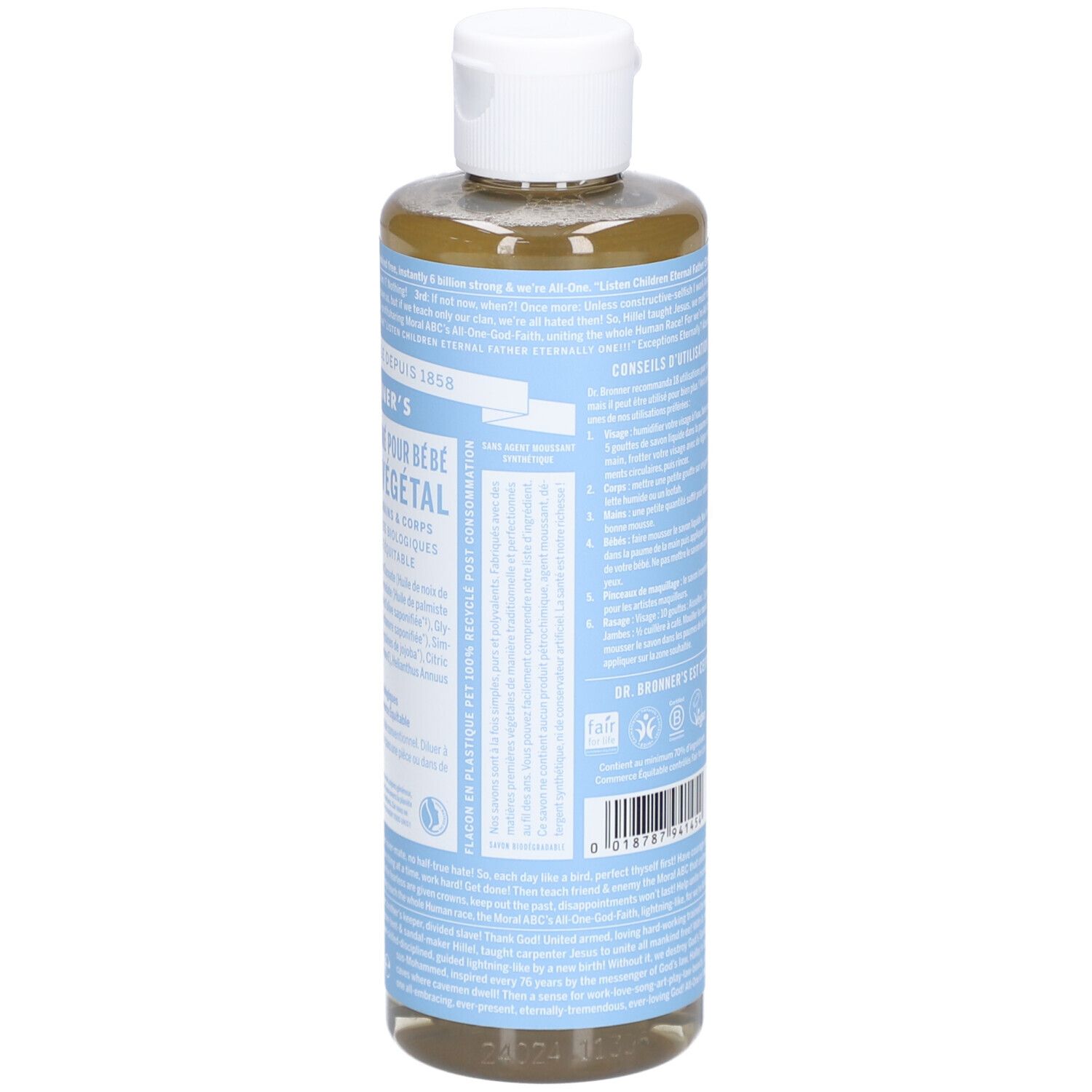 Dos d'une bouteille de savon liquide transparent avec bouchon blanc. Texte sur étiquette bleue, code QR et logos.