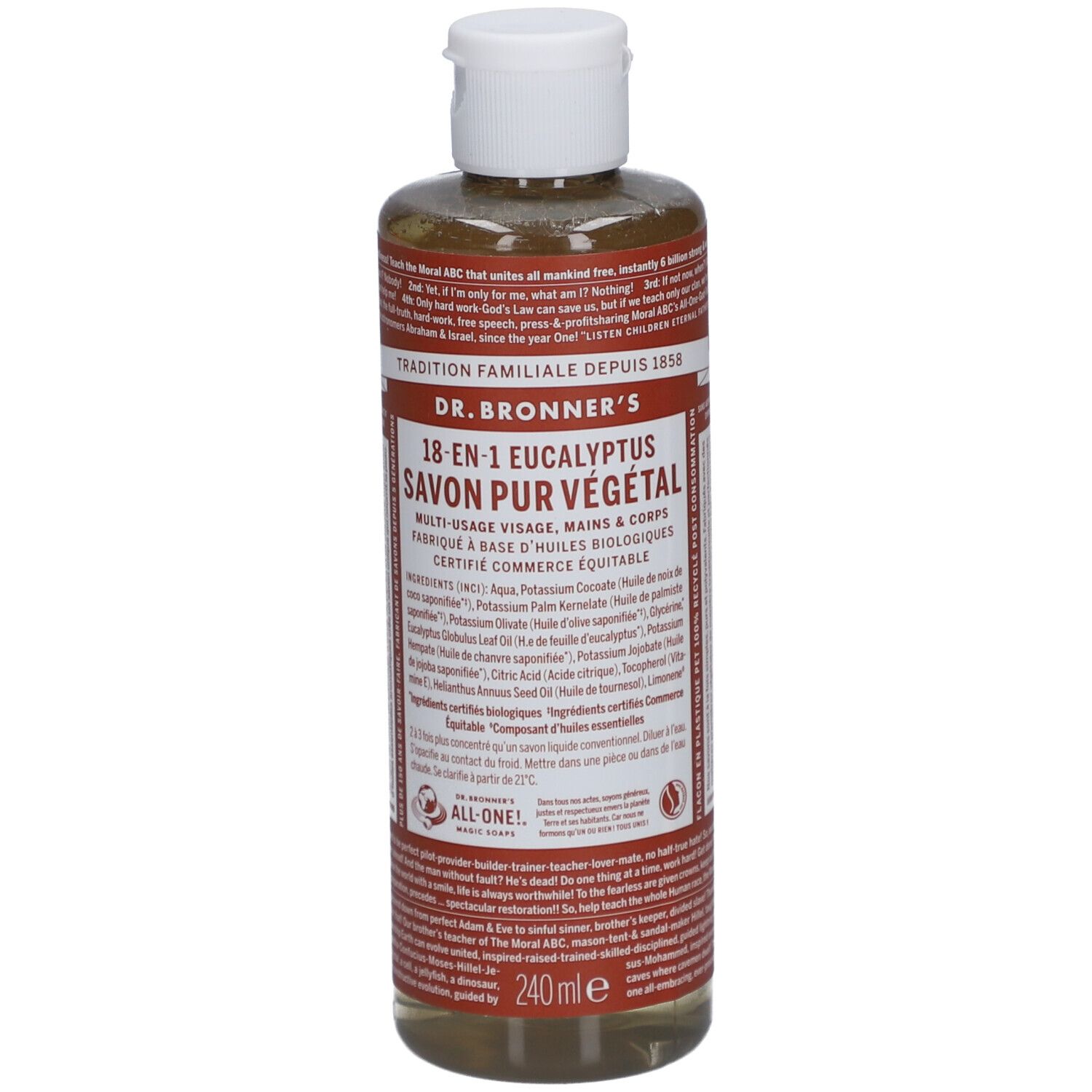 Dr. Bronner's Eucalyptus vloeibare zeep. Fles met witte dop. Etiket met productinformatie en ingrediënten.