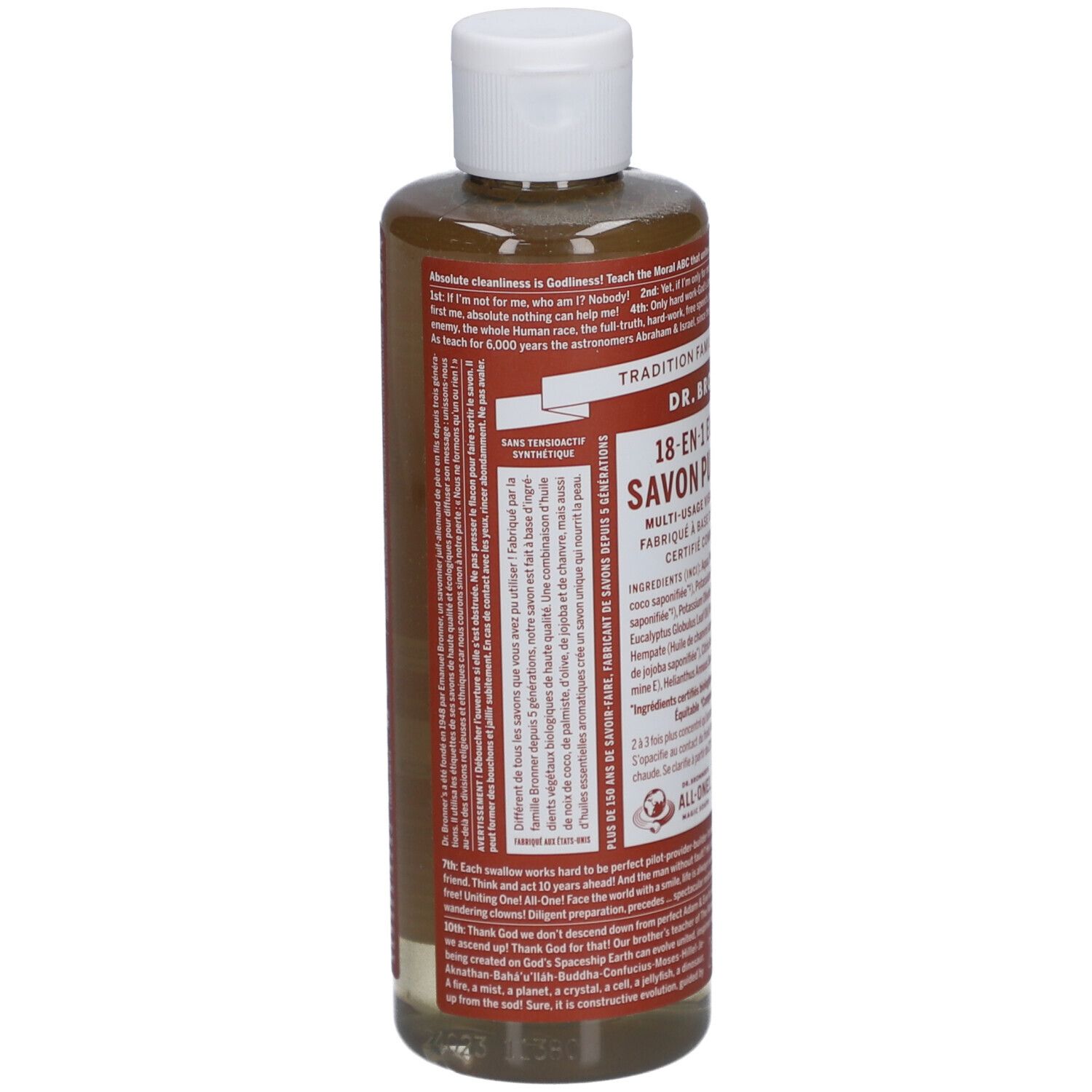 Achterkant van Dr. Bronner's Eucalyptus vloeibare zeep. Etiket met tekst, ingrediënten en certificeringen.