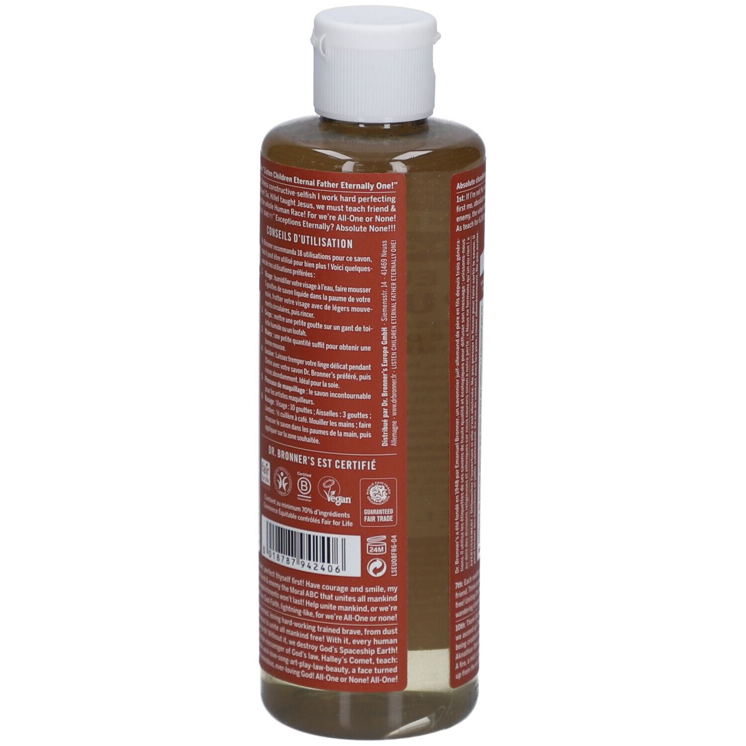 Achterkant van Dr. Bronner's Eucalyptus vloeibare zeep. Etiket met tekst, ingrediënten en certificeringen.