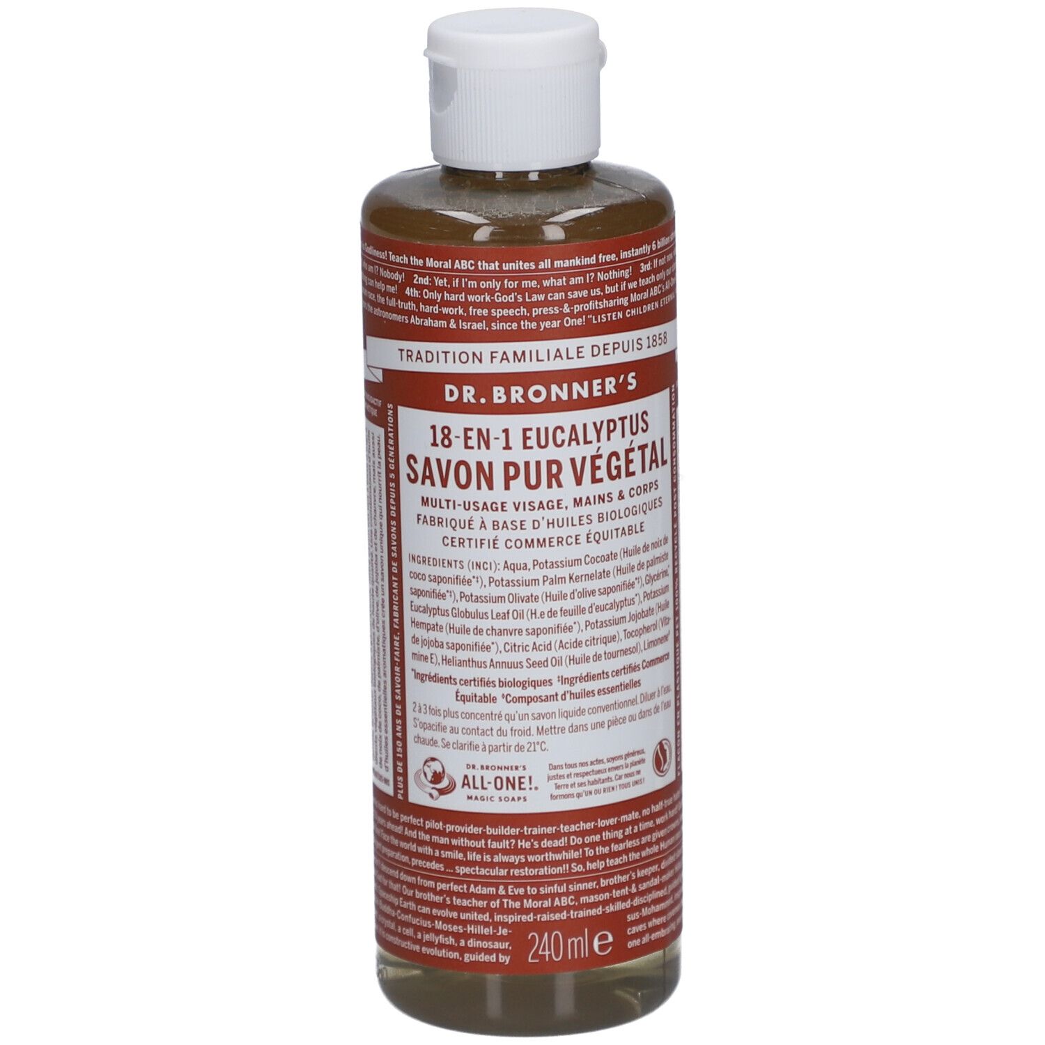Dr. Bronner's Eucalyptus vloeibare zeep. Fles met witte dop. Etiket met productinformatie en ingrediënten.
