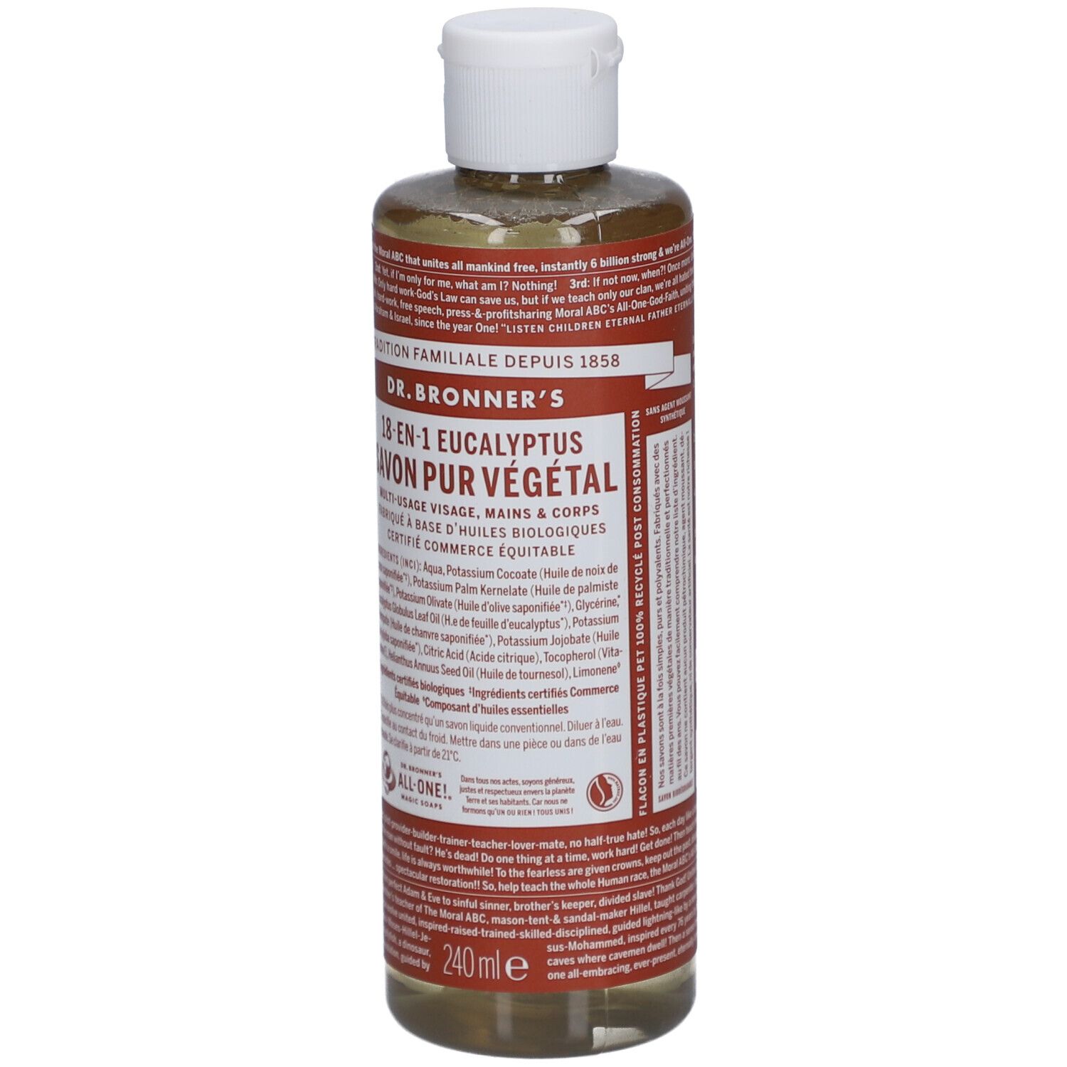 Dr. Bronner's Eucalyptus vloeibare zeep. Fles met witte dop. Etiket met productinformatie en ingrediënten.