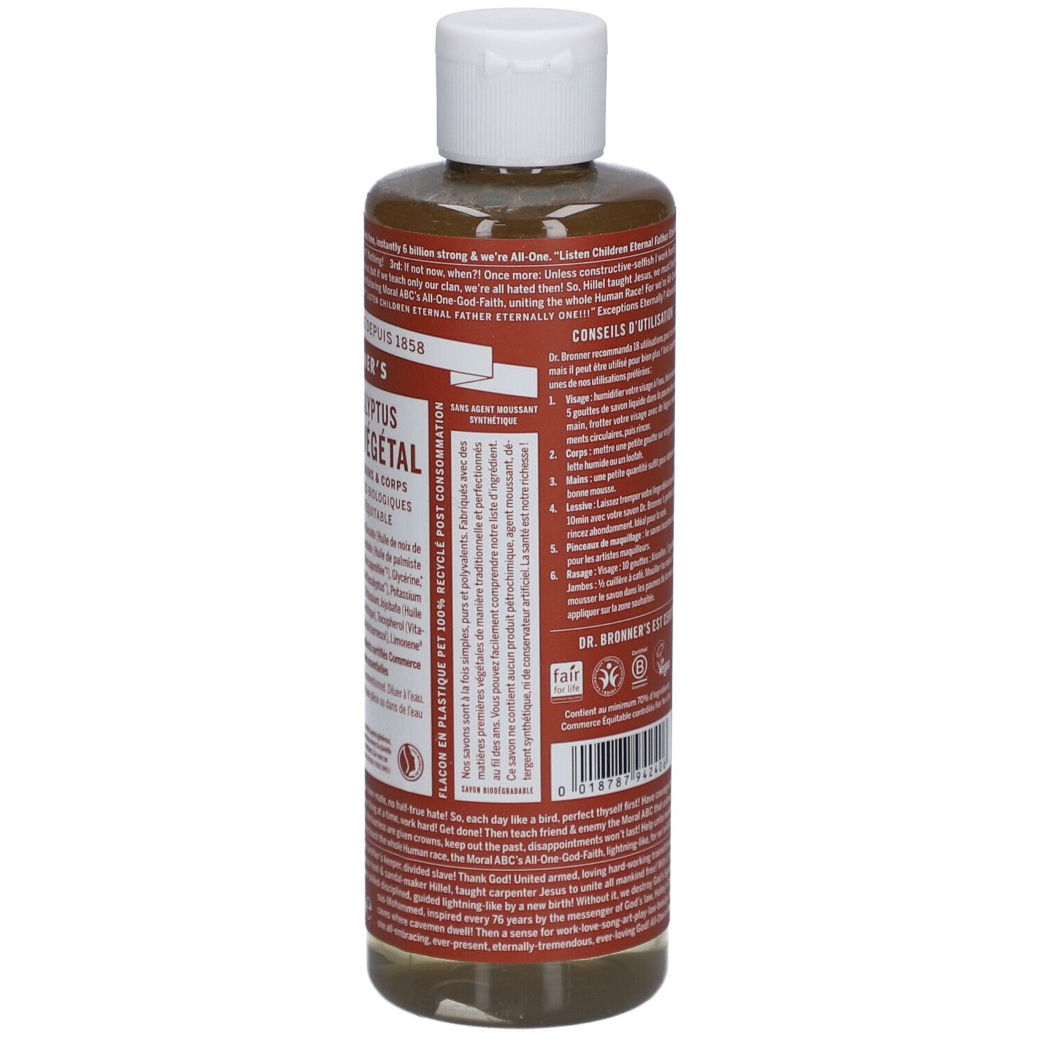 Achterkant van Dr. Bronner's Eucalyptus vloeibare zeep. Etiket met tekst, ingrediënten en certificeringen.