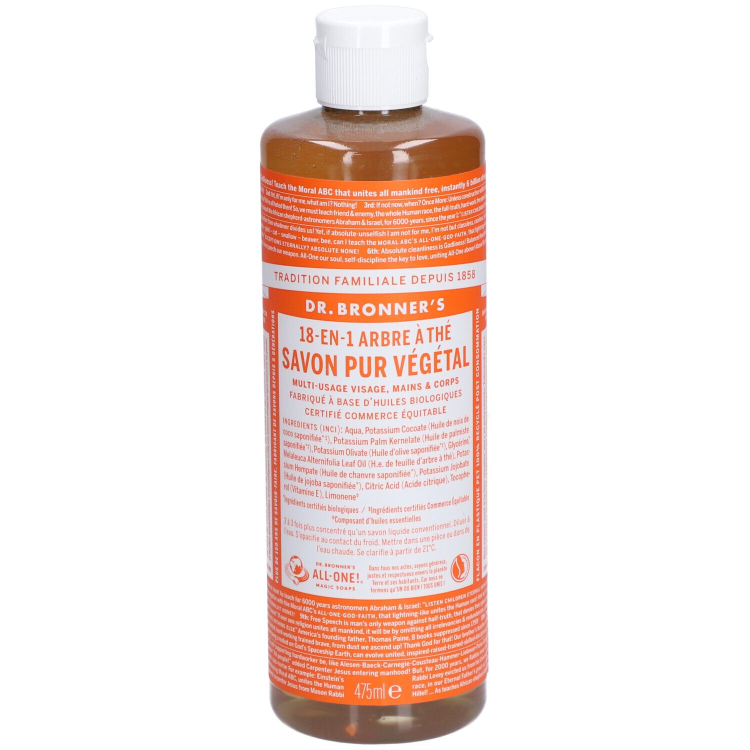 Savon liquide brun en bouteille à bouchon blanc. Inscription: DR. BRONNER'S 18-EN-1 Savon Pur Végétal. Produit certifié commerce équitable.